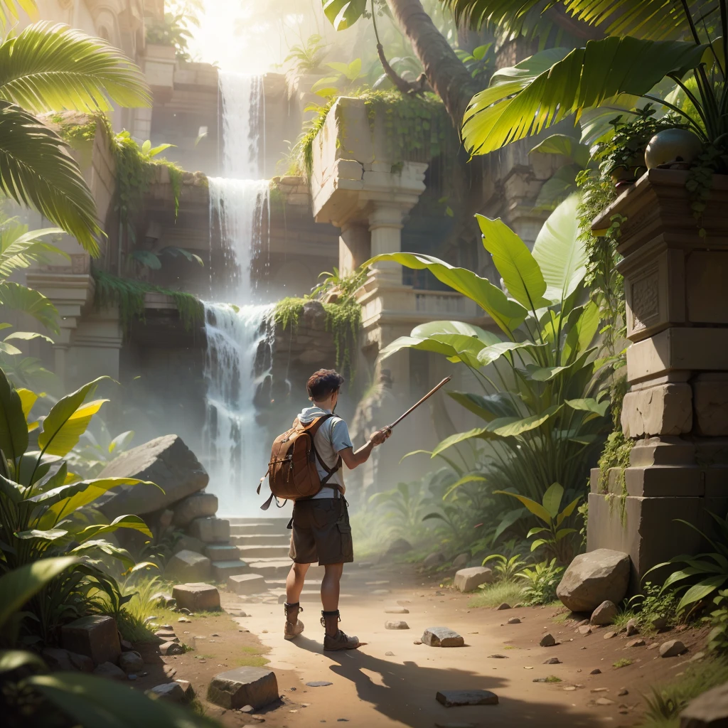 One beautiful boy searching The lost city of gold in jungle realstic , clearity 4k, nostalgic, masterpiece, old time building's & artifacts made of gold --auto --s2