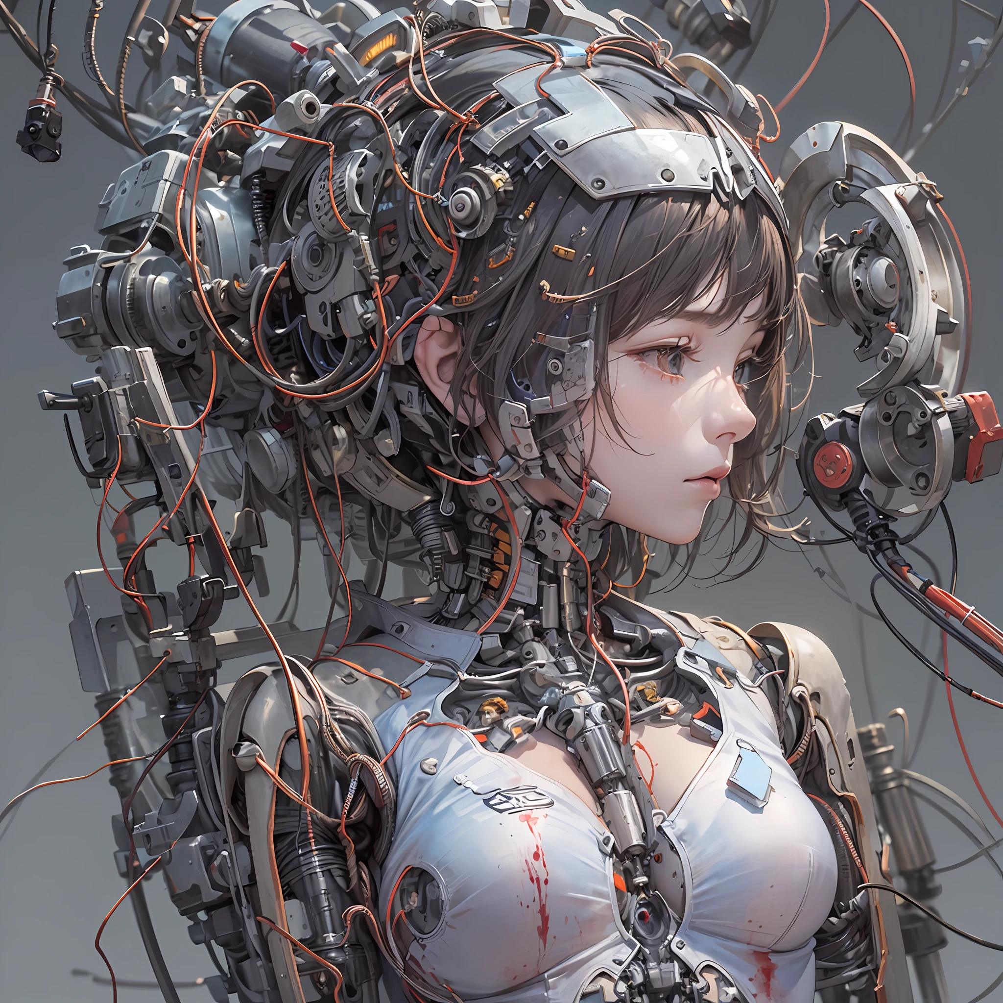 (((masterpiece))), (((best quality))), ((ultra-detailed)), (highly detailed CG illustration), ((an extremely delicate and beautiful)),(cute delicate face),cinematic light,((1mechanical girl)),solo,full body,(machine made joints:1.4),((machanical limbs)),(explosed muscles),(blood vessels connected to tubes),(a brain in container:1.3),((mechanical vertebra attaching to back)),((mechanical cervial attaching to neck)),((sitting)),expressionless,(wires and cables attaching to head and body:1.5),small breasts,short hair,(character focus),science fiction