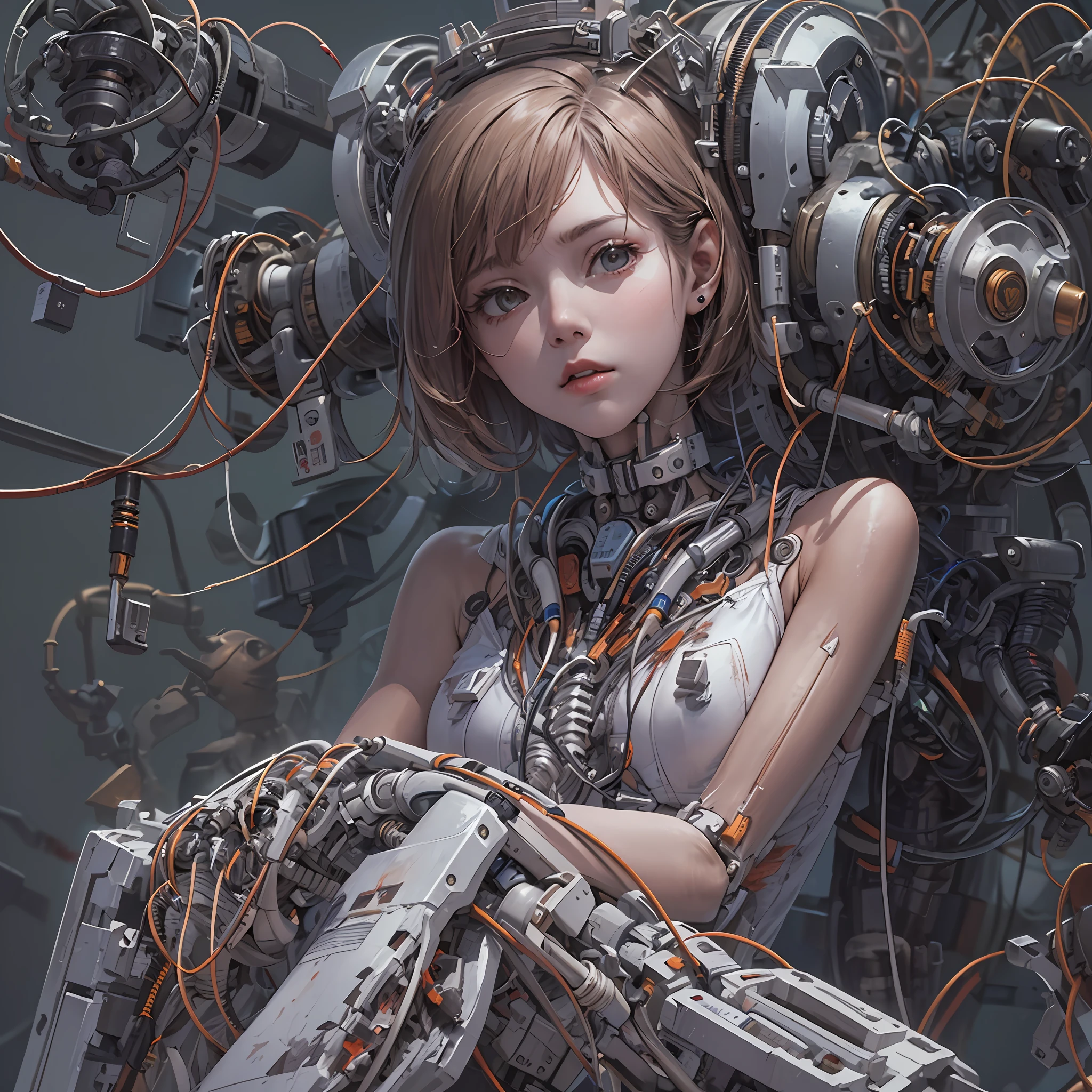 (((masterpiece))), (((best quality))), ((ultra-detailed)), (highly detailed CG illustration), ((an extremely delicate and beautiful)),(cute delicate face),cinematic light,((1mechanical girl)),solo,full body,(machine made joints:1.4),((machanical limbs)),(explosed muscles),(blood vessels connected to tubes),(a brain in container:1.3),((mechanical vertebra attaching to back)),((mechanical cervial attaching to neck)),((sitting)),expressionless,(wires and cables attaching to head and body:1.5),small breasts,short hair,(character focus),science fiction