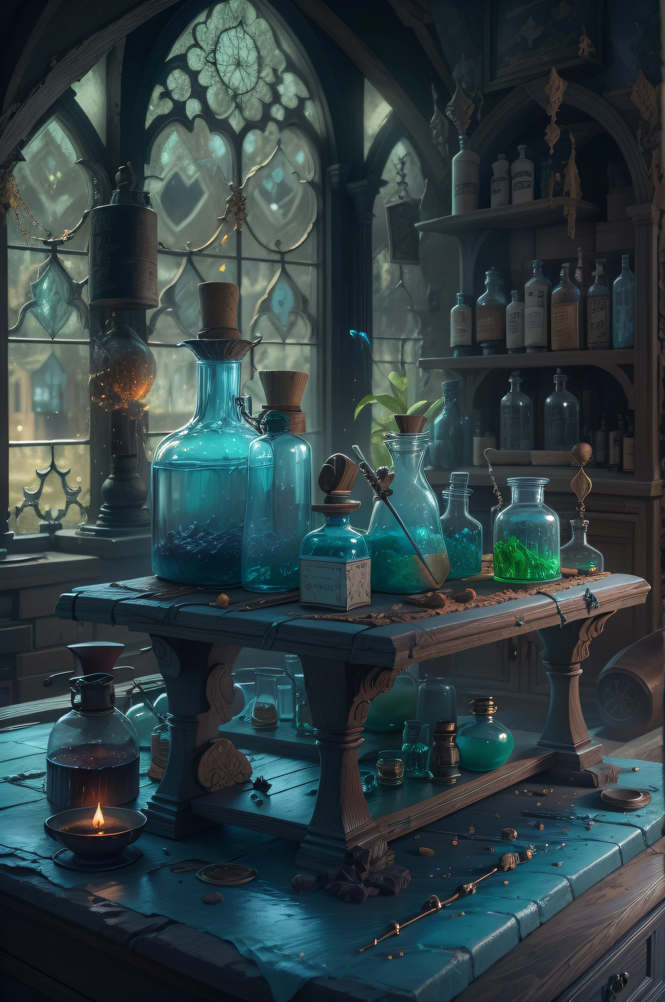 a glass bottle with a bright light blue liquid inside it, magic laboratory environment, healing potion, magic laboratory background, dark room with large windows overlooking an orchard, gothic interior, gothic revival, gothic building style, architecture Inspiring Gothic, Gothic Mansion. candle lights all around. Fantasy alchemists lab, painting a health potion, making potions, witch hut, magic potions, wizards lab, potion, alchemy lab, magic potions, alchemical equipment, mystery lab, 32K PhotoRender RealityEngine, hdr