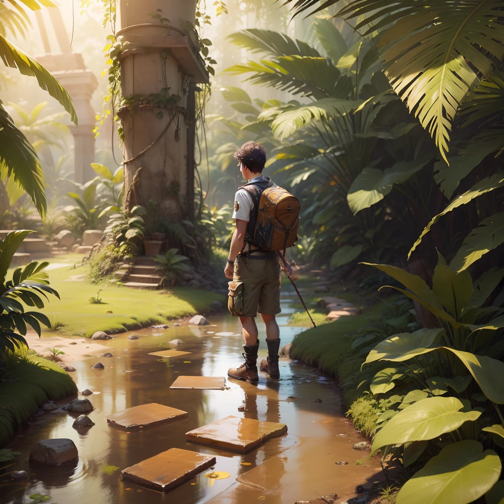 One beautiful boy searching The lost city of gold in jungle realstic , clearity 4k, nostalgic, masterpiece, old time building's & artifacts made of gold --auto --s2