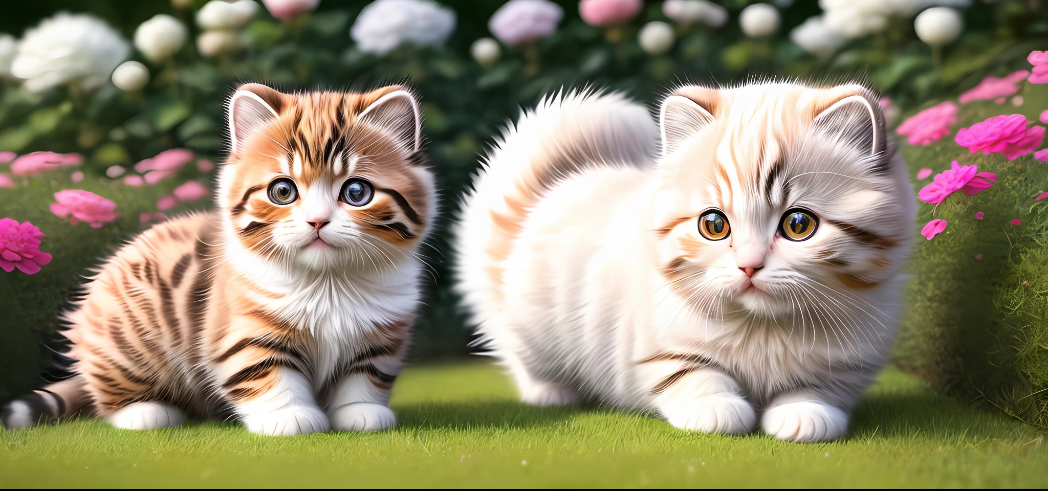 a kitty, (cute), (kawaii), trippy, 8k, ultra details, surreal photography, paws, ((adorable)), lovely, HD, full body, garden flower background, fluffy, ((photo realistic)), nikon d850, rich color, kodak portra 400 camera, naive pose, (Scottish fold breed), super cute, looking at viewer, ((realistic))