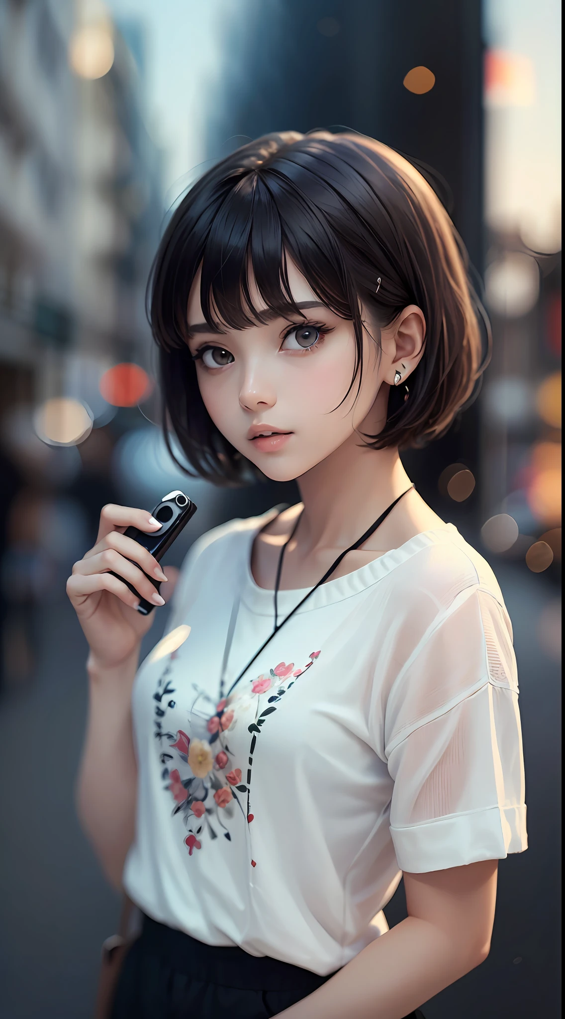 (Masterpiece), (high quality), (ultra detailed), (short hair), (illustration), (1girl), (casual clothes), standing, model, looking at the viewer, (photo essay), (blurred background), beautiful detailed eyes, beautiful and delicate face, black skin, floating, (low saturation), (bright), focus on facial expression, black hair, side bangs,