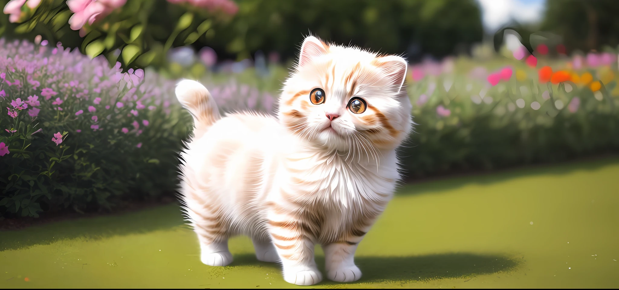 a kitty, (cute), (kawaii), trippy, 8k, ultra details, surreal photography, paws, ((adorable)), lovely, HD, full body, garden flower background, fluffy, ((photo realistic)), nikon d850, rich color, kodak portra 400 camera, naive pose, (Scottish fold breed), super cute, looking at viewer, ((realistic))