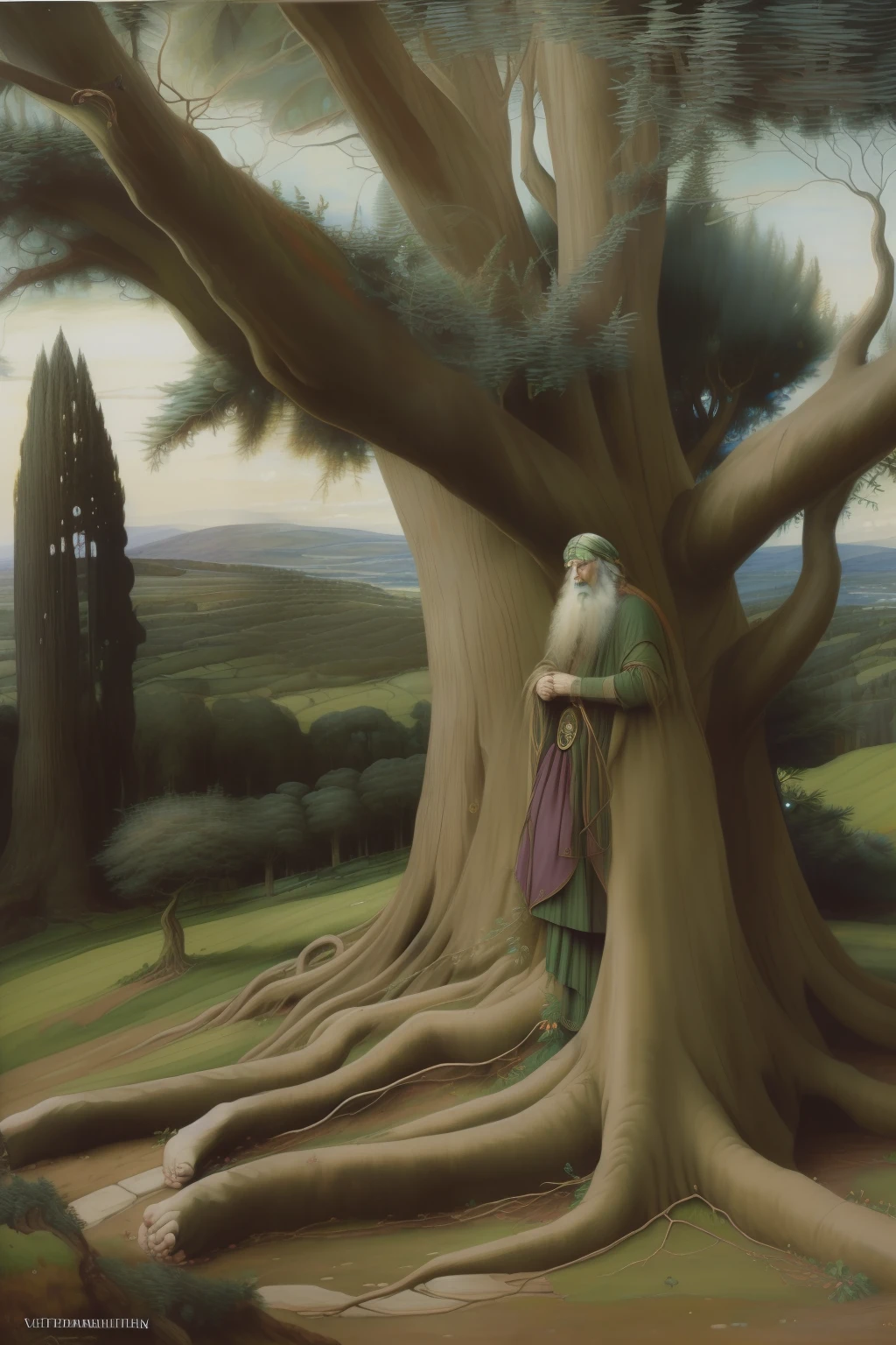 (((Pre-Raphaelite Celtic painting of an old druid at the feet of a large twisted yew tree, paisagem celta)))