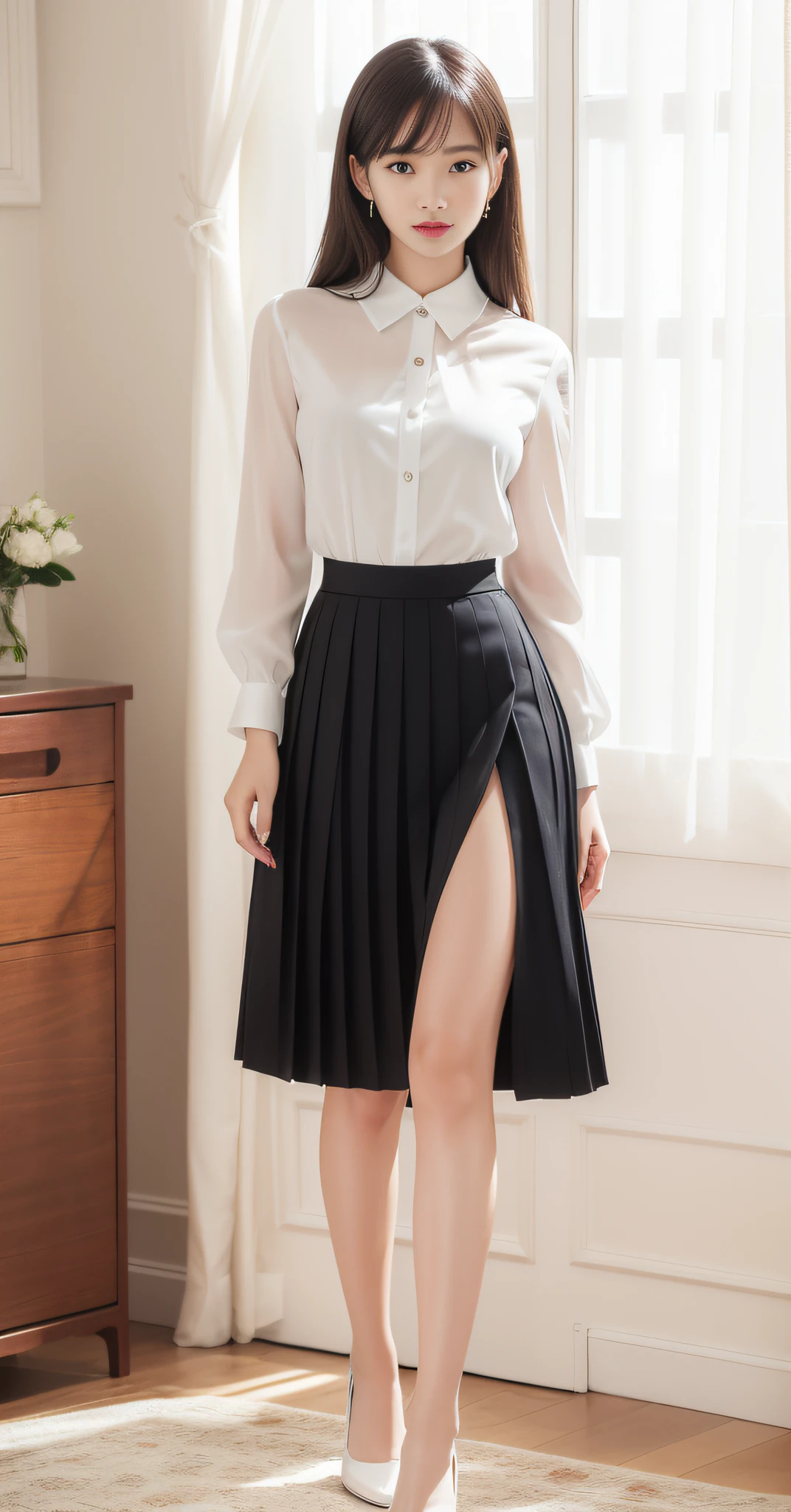 Charming beauties、OL、White blouse、Black pleated skirt、charming oval face、二重まぶた、Clear eyes、Red shiny lips、Beautiful thin legs、toned ankles、The ultra -The high-definition、The ultra-detailliert、Elegant standing figure、Comfortable elastic fabric、Create a slender lower body curve、Expressing adult femininity、top-quality、8K、ultra-detailliert、soio、9 head body