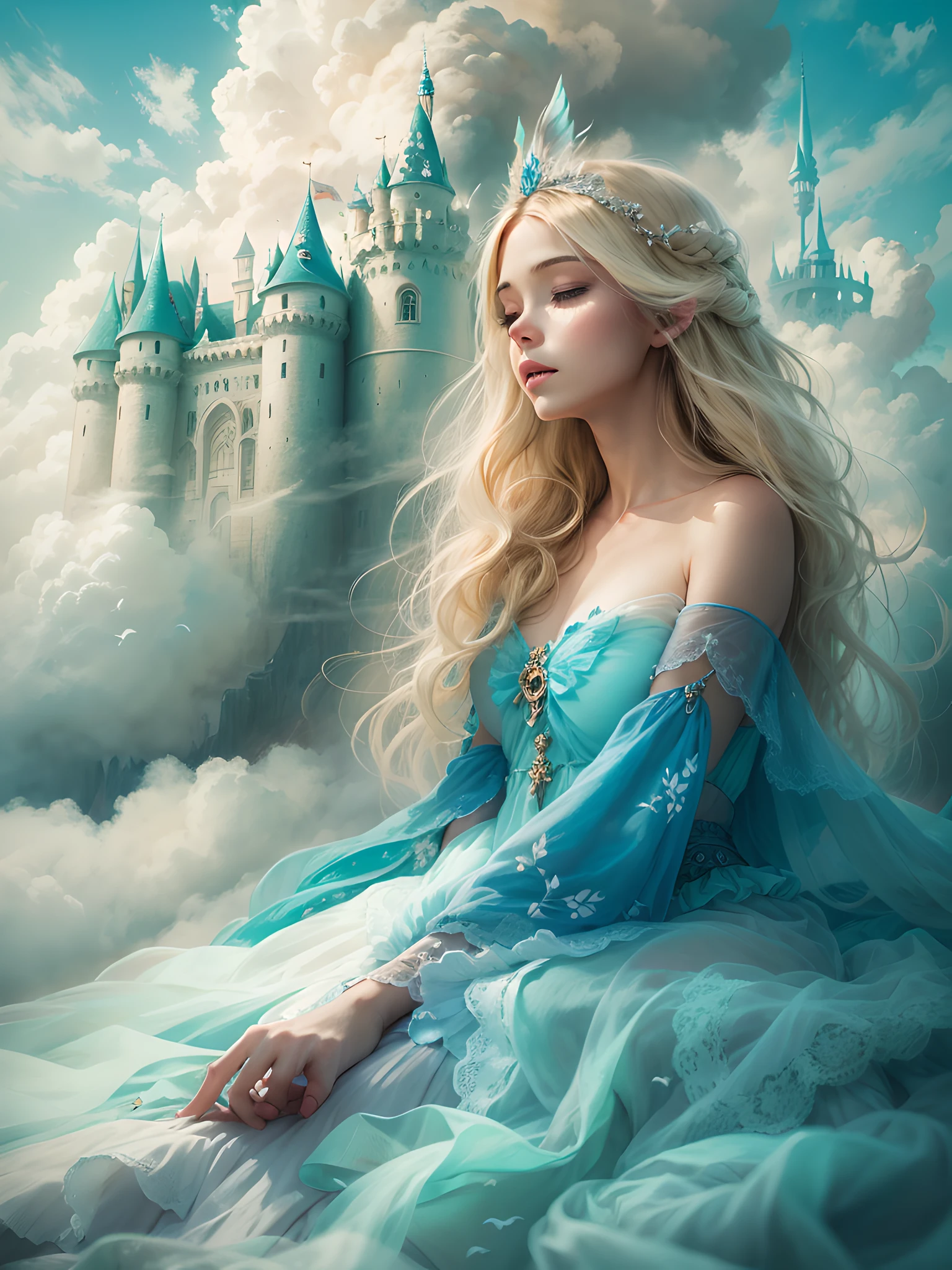 Muchacha rubia con vestido azul sentada en una nube con el castillo en el fondo, fantasy fairytale story, Cuento de hadas de la Bella Durmiente, Hermoso render de un cuento de hadas, high quality fantasy stock photo, romantic storybook fantasy, beautiful fantasy maiden, lovely languid princess, lie on white clouds fairyland, fantasy beautiful, beautiful fantasy, Fantasy Woman, Reality impregnated with dreams, Castillo hecho de nubes