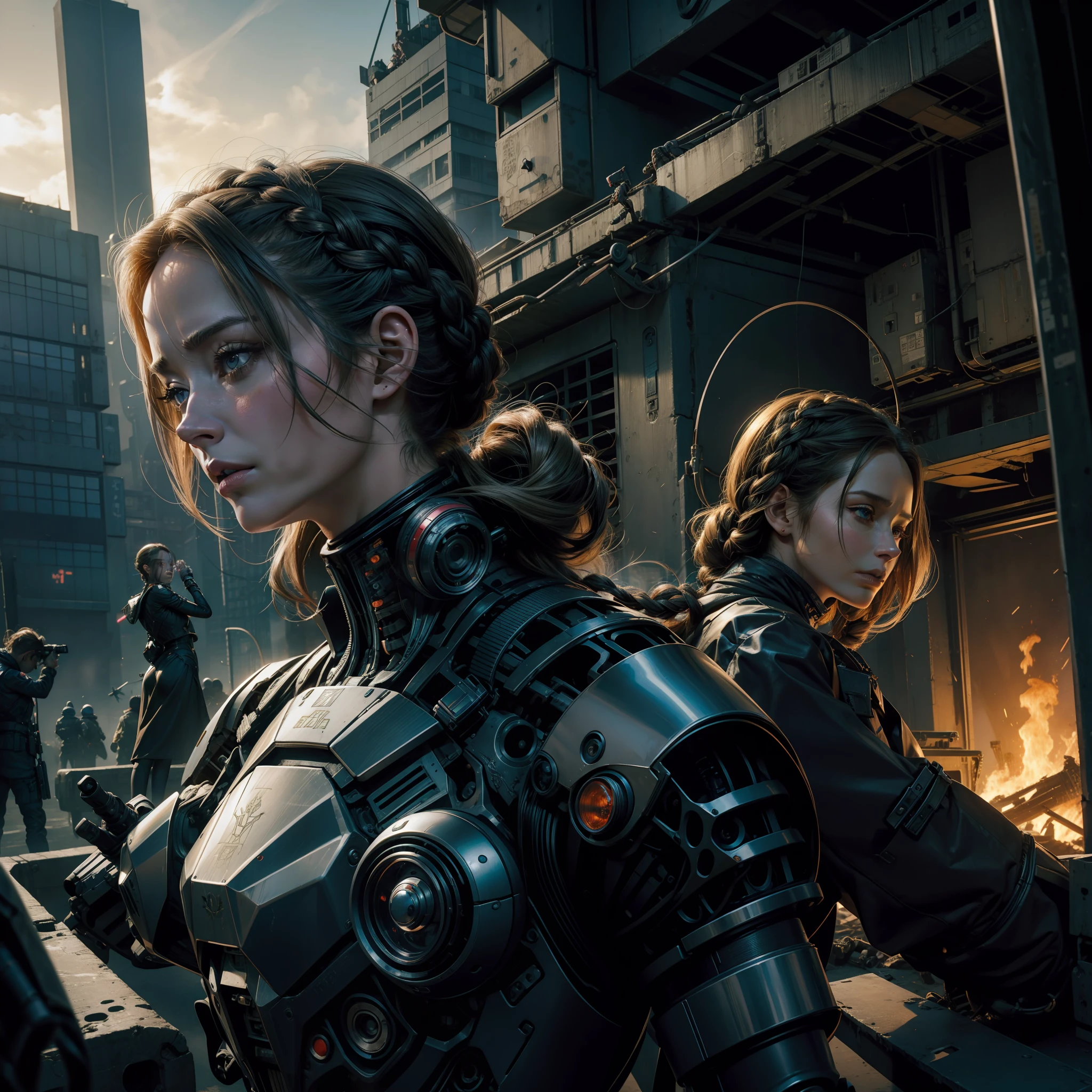 Emily Blunt (Dutch braided hair) com armadura Evangelion em uma cidade pose apocaliptica, Destroyed robot behind her, dinamic poses, olhar serio, Combates intensos, foto de corpo inteiro, Cyberpunk, mega tokyo, Fires and smoke, Nokia camera, modelshoot, corpo atletico, dia