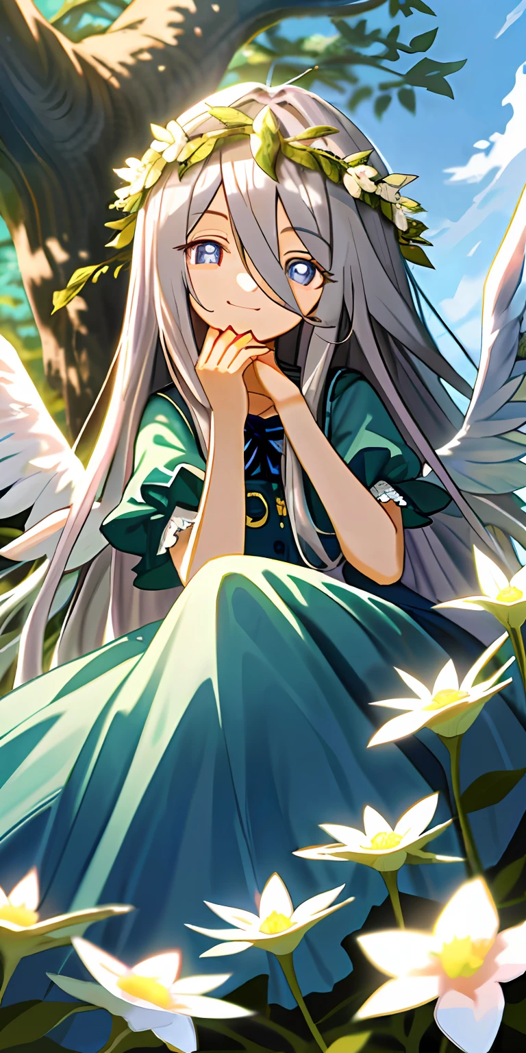 (tmasterpiece,best qualtiy),A long-haired loli with gray hair sits in a tree-lined flower field,She has blue pupils,Her left hand rests under her chin,She wears a garland,Hair covers the right eye,and she smiling,warmly lit,She wore a sky blue dress,She has white wings,Blurred foreground,Eyes look into the distance