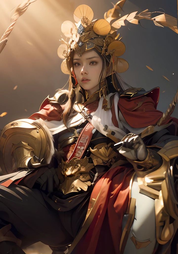 （Positive focus），（in the darkness nigth：1），（best qualtiy），（Fidelity：1），realistic skin textures，highly  detailed，8k wallpaper，Volumetriclighting，动态照明，one-girl，red capelet，golden armour，open waist，Bare chest，Open navel，show legs，A small amount of armor，Shoulder blades，Waist Guard，Hand Guard，Wear a veil，Riding a red horse，Hold a short sword in front of you，Ancient Chinese wind，Escape action，Run，Run away，Be hunted down，Short sword at the waist，attack pose，blood stain，Broken clothes，Ancient Chinese Battlefield，A group of ancient soldiers chased and killed，Arrows fly，There is a lot of war，In the daytime，Under the sunlight，Dramatic composition，