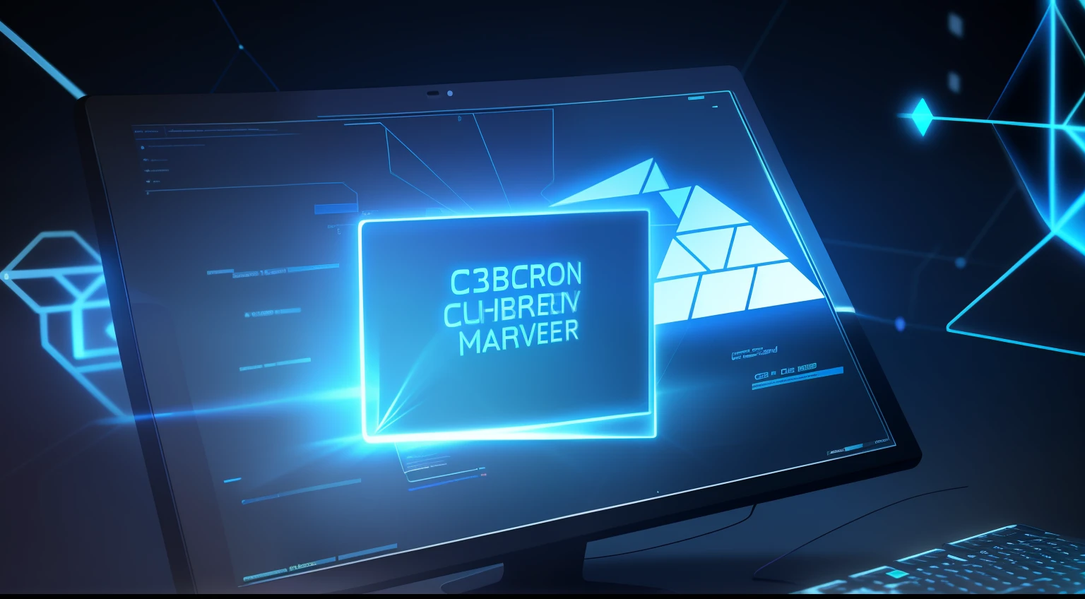 There is blue light shining on the computer, cyber security polygon, Cyber architecture, Close-up shot, medium close up shot, on a dark background, hacking into the mainframe, the encrypted metaverse, blockchain vault, detailled image, depicted as a 3 d render, Network embellishment, Cyber, Confidential documents, computer render