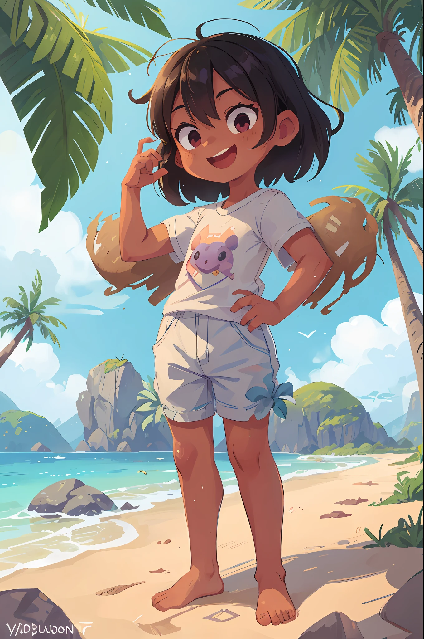 sand floor on the beach in scene, beach background scene, little boy, black skin color, cute face, beautyful character and perfect, anatomically beautiful body, cute eyes, colorful glowing eyes, flame eyes color, simple ???????, cartoon style, luigi lucarelli style, dark purple hair, concept art, rendered, adobe photoshop, illustrated, RGB, illustration like a pro, high saturation, high details, childish toon style, strong arms, showing arms biceps raised, Upscaled image size 1920X1980, immaculate image, picture perfect, showing his two arms raised, shirt, short pants, 2D character, high resolution, young boy, happy face, smile cute like emoji, mouth shape like rounded smiling mouth emoji, cute muscles, full body character on screen, soft blush cheeks, Mix luigilucarreli style, 2D professional illustration, Teaser screen, character alone, playing, disney style and detailed ears, clothes and skin all wet with water, hands cute, water floating in the air around splayed in front of the character, winked an eye, happy day, sunny weather on the beach, coconut trees left and right in the scene, high quality, 8k, small signature of the artist below on screen: (Yudoson Art), perfect detailed art, hunterXhunter Mix anime style, digital art