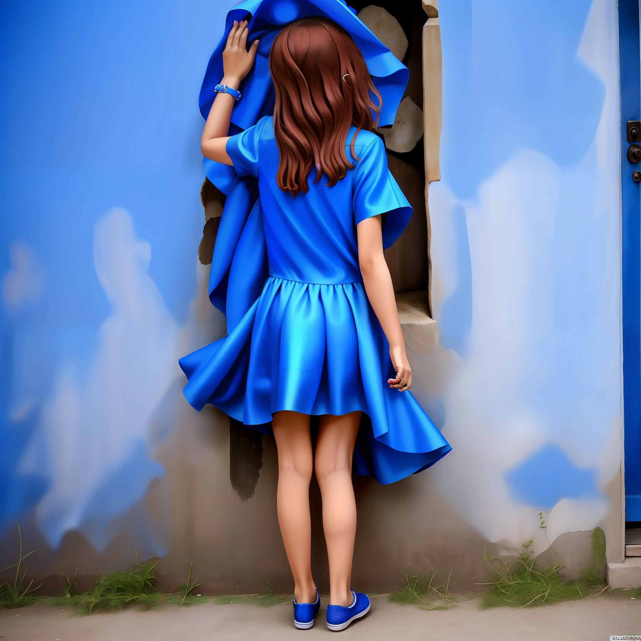 There is a woman standing in front of a wall, Standing Girl, ghost of a young girl, walking away from camera, walking away from the camera, walking away, chica con un vestido, foto coloreada, fondo coloreado, Young girl, Girando, wearing a plastic blue dress, photo of the girl, Hecho con Photoshop, una falda azul.