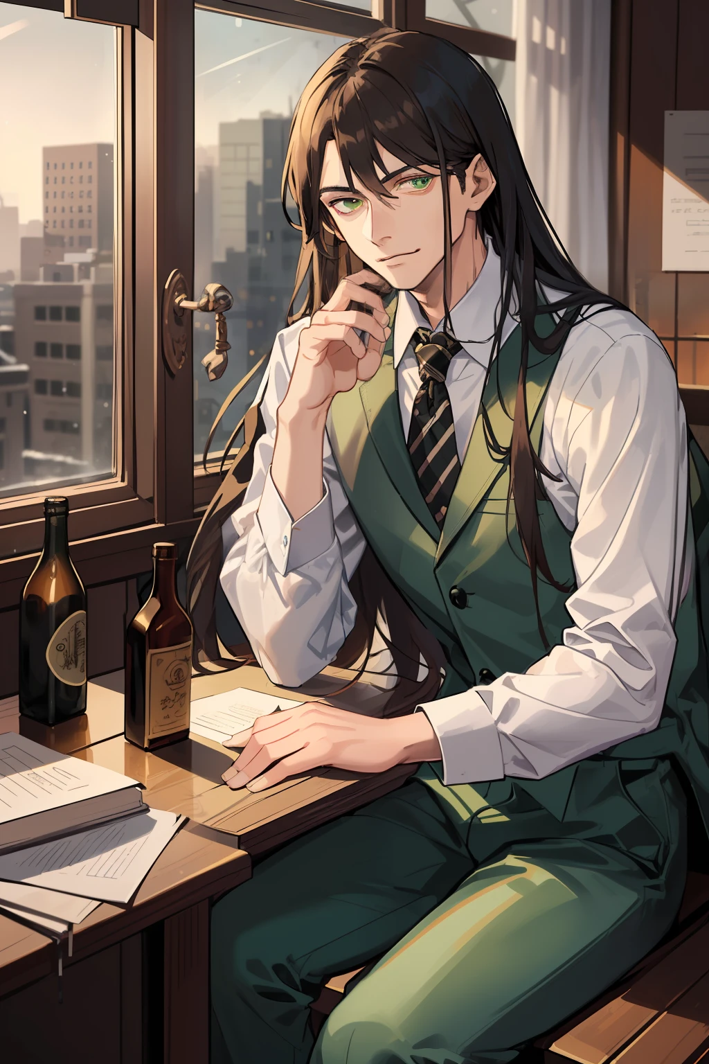 A tall man with a slim build. Brown, long hair hair. Green eyes. A smirk on his face. beatiful face, pretty eyes. A detailed eye. The man is dressed in a school uniform, white shirt, black pant, Formal attire. The man is wearing a mantle in black and green. A man sits in an old wooden office. High background detail. Gloomy lighting, Moonlight through the window. In the office there are various bottles with contents of different colors.