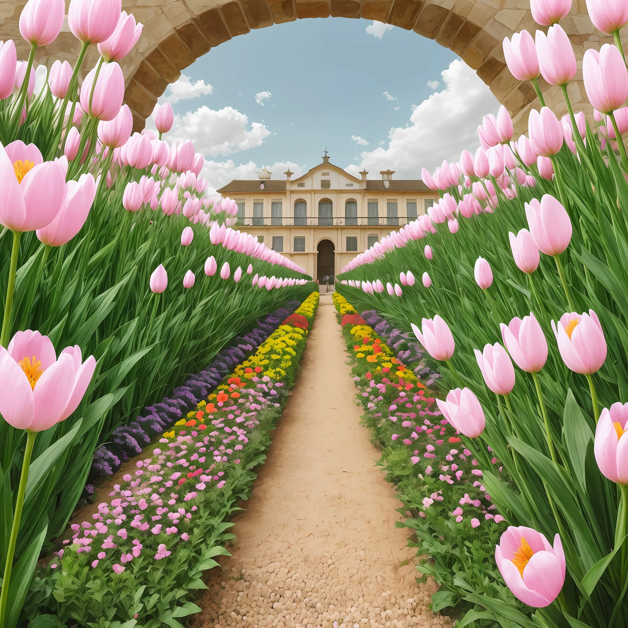 Hay un camino que conduce a un edificio con un ramo de flores, royal garden background, Landscape of the Royal Garden, Antecedentes del palacio, flower garden, With French garden, elegantes pasarelas entre torres, El Gran Templo de las Flores, Ilustraciones digitales, garden with flowers, por Thomas Dalziel, ambiente floral, Parques y jardines, Realistic garden, French Garden