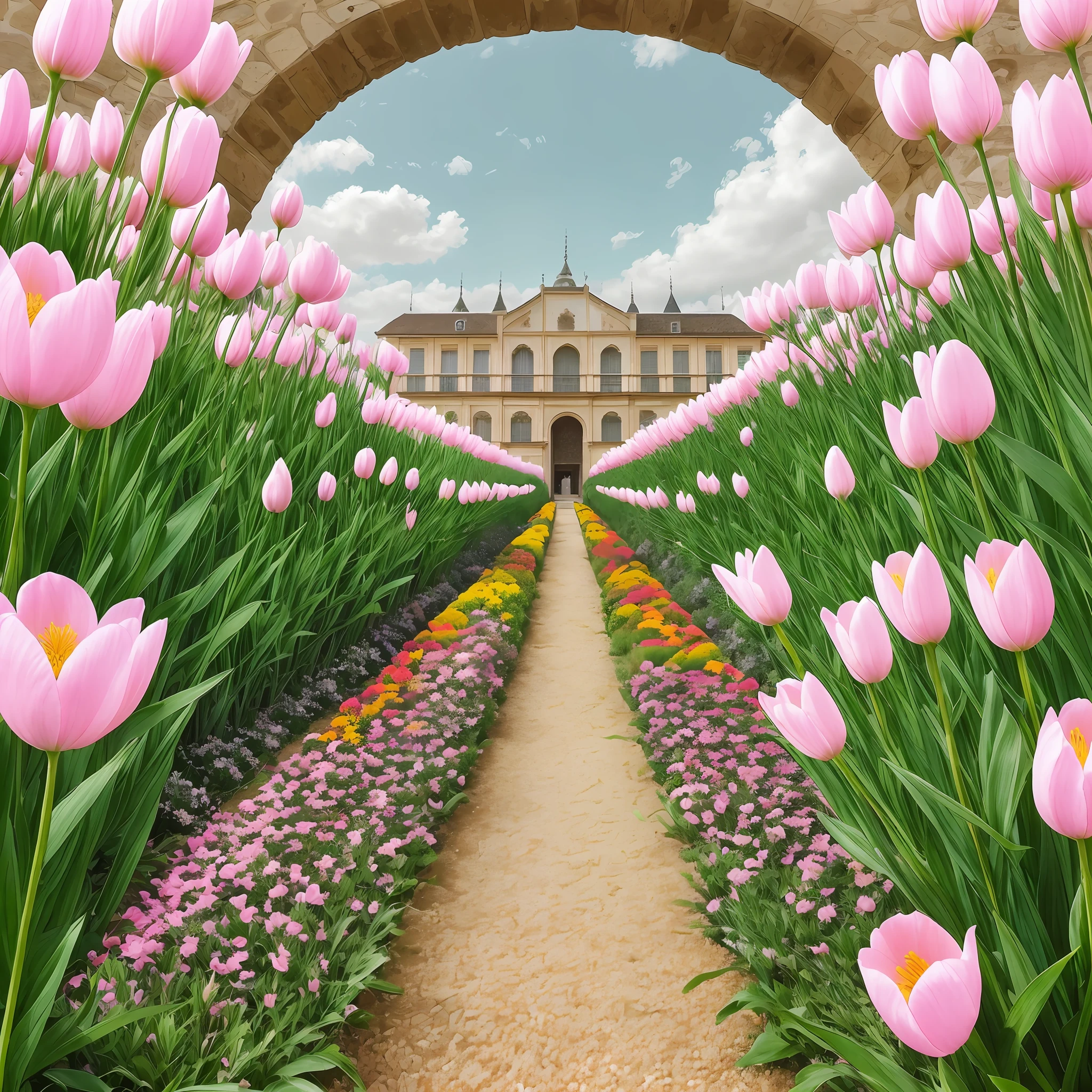 Hay un camino que conduce a un edificio con un ramo de flores, royal garden background, Landscape of the Royal Garden, Antecedentes del palacio, flower garden, With French garden, elegantes pasarelas entre torres, El Gran Templo de las Flores, Ilustraciones digitales, garden with flowers, por Thomas Dalziel, ambiente floral, Parques y jardines, Realistic garden, French Garden