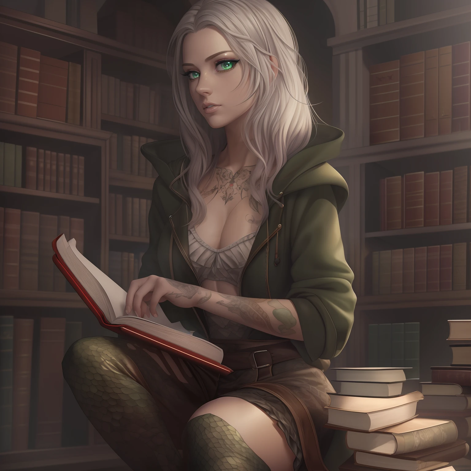 (high res, best quality, masterpiece) realistic drawing, soft lighting, vivid colors, HD 4K, adult woman, (solo), woman with scales, (scales on arms, scales on legs), long tail, green scales, red eyes, (highly detailed eyes), studious, in a library, tattoos on arms, pale skin, pale complexion, greyish skin, full body, slim body, tinker's outfit, wearing a top, has on a hood, wearing pants, long pants, black pants with ruffles at the bottom, leather jacker, fingerless gloves, holding a book