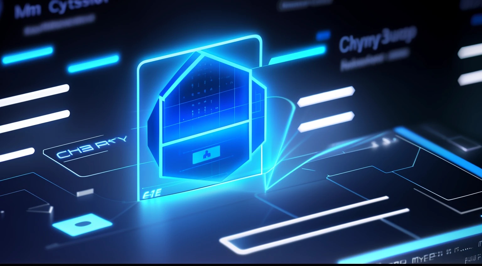 There is blue light shining on the computer, cyber security polygon, Cyber architecture, Close-up shot, medium close up shot, on a dark background, hacking into the mainframe, the encrypted metaverse, blockchain vault, detailled image, depicted as a 3 d render, Network embellishment, Cyber, Confidential documents, computer render