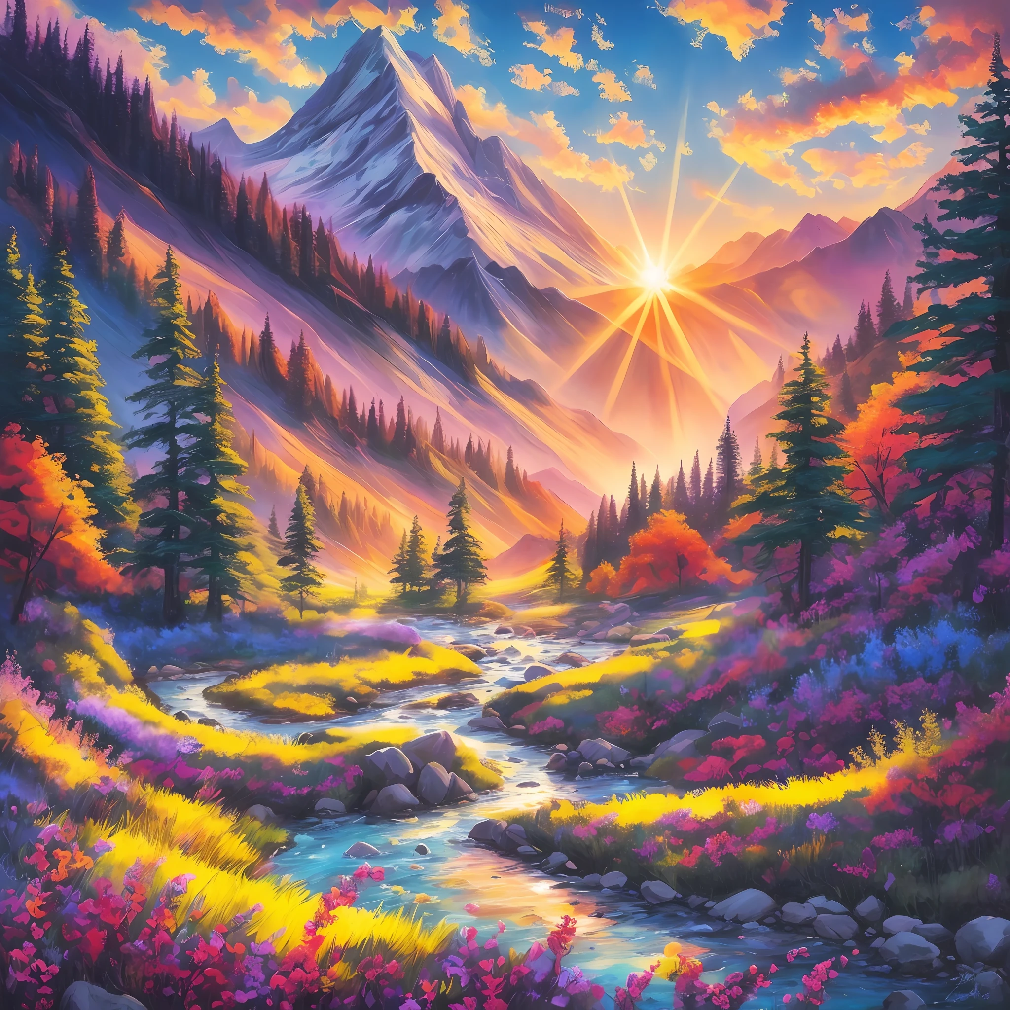 Painting of a mountain scene with a stream and a mountain in the background, Hermoso arte UHD 4 K, Pintura detallada 4 K, scenery art detailed, Pintura de paisajes coloridos, Majestuoso paisaje natural, epic beautiful landscape, Puesta de sol en un valle, magical landscape, Un hermoso paisaje, Paisaje brillante, dream scenery art, fantasy landscape painting, Jen Bartel