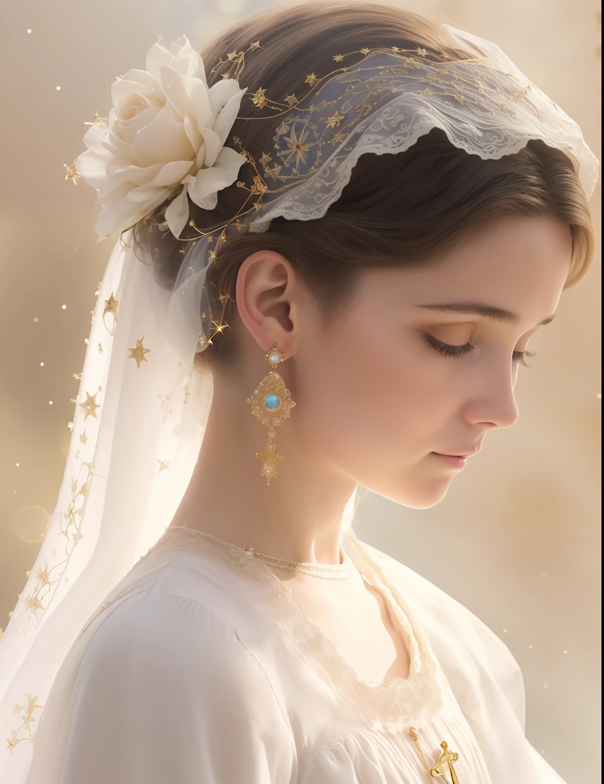 (((Blessed Virgin Mary))) (((of 17 years old))) (((looking serious but pious))) . Obra maestra, (La mejor calidad: 1.2), (super fine: 1.2), illustration, (extremadamente delicado y hermoso: 1.2), movie angle, flotante, (Hermoso ojo de detalle: 1.1), (detalle luz: 1.1), Movie Lights, Cielo delicado, ojos azules, (Cola de caballo alta: 1.1), capa, ojuelos, (luna: 1. 2), (Luz de la luna: 1.1), cielo estrellado, (light particles: 1.1) dibujo, flor. (Obra maestra), (La mejor calidad), (fotorrealista:1.3), 8k, Textura detallada de la piel, Textura detallada de la tela, Hermosa cara detallada, Detalles intrincados, Ultra detallado (cuerpo de cuerpo entero:1.2)