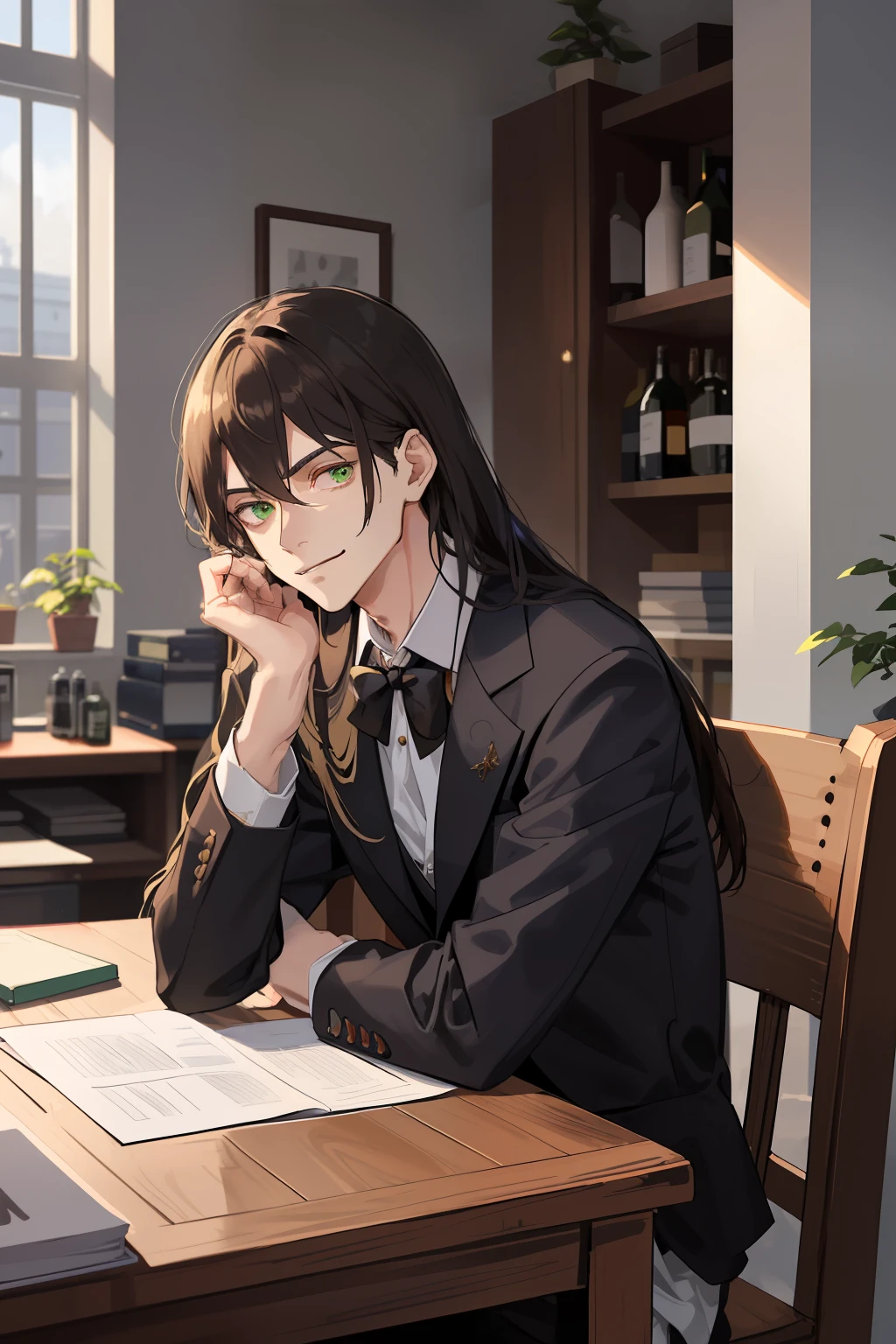 A tall man with a slim build. Brown, long hair hair. Green eyes. A smirk on his face. beatiful face, pretty eyes. A detailed eye. The man is dressed in a school uniform, white shirt, black pant, Formal attire. The man is wearing a mantle in black and green. A man sits in an old wooden office. High background detail. Gloomy lighting, Moonlight through the window. In the office there are various bottles with contents of different colors.