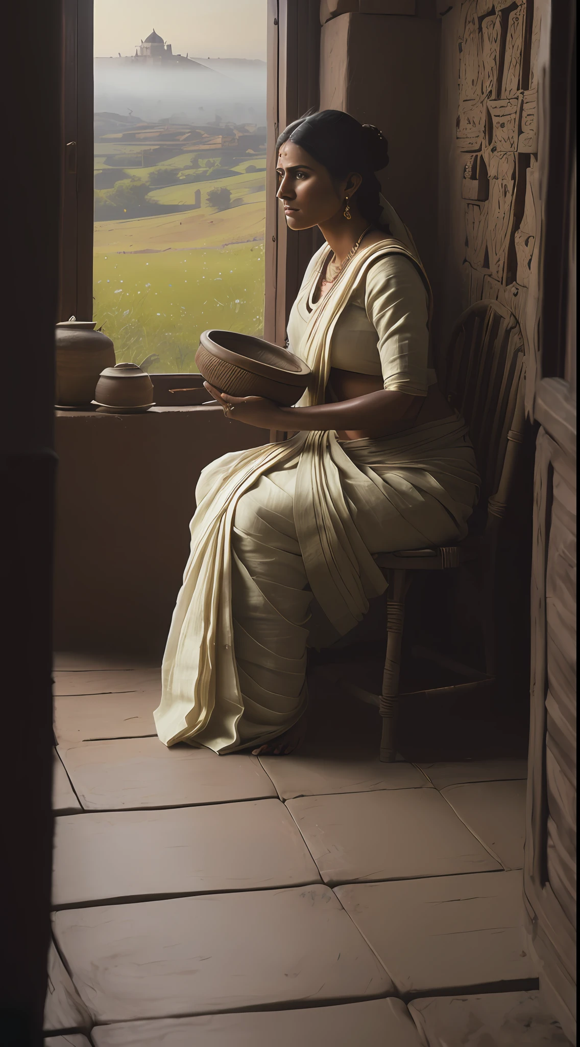 (masterpiece, best quality, Greg Rutkowski style:1.2, photo-realistic:1.3), Indian widow, Sati period, (white cotton sari:1.1), sadness in her eyes, seated by window, rustic clay hut, clay pot, wooden spinning wheel, fading daylight, distant view of rural landscape, melancholy, cool colors, looking outside.