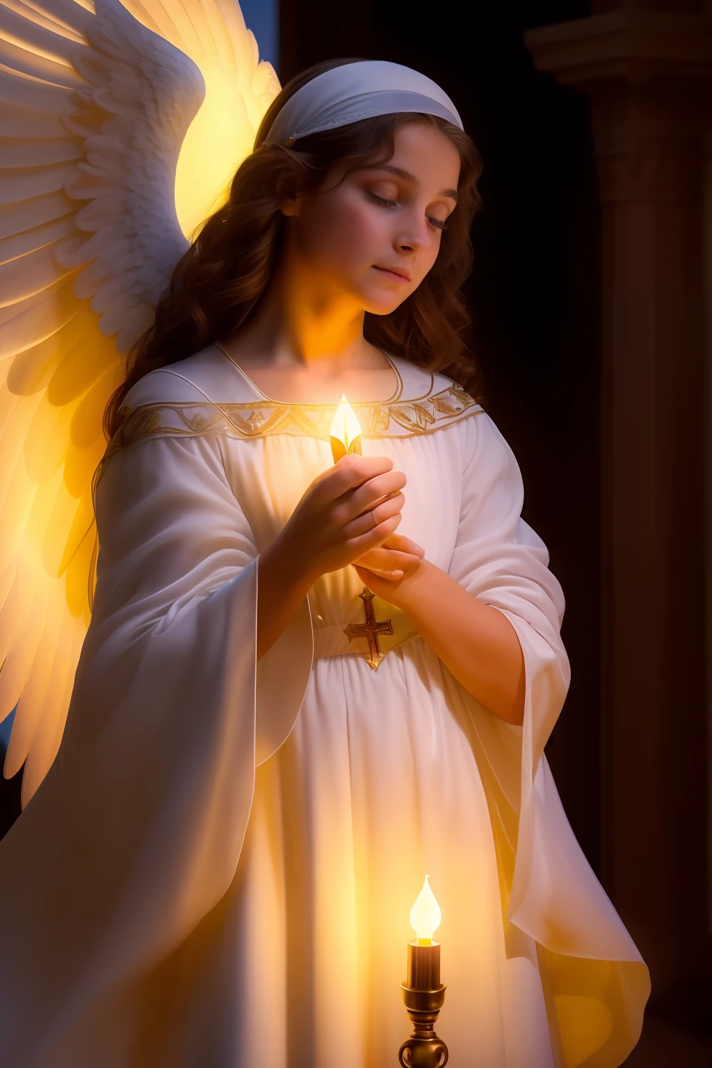 (((Blessed angel guardian))) (((of 17 years old)))  (((looking serious but pious)))  . Obra maestra, (La mejor calidad: 1.2), (super fine: 1.2), illustration, (extremadamente delicado y hermoso: 1.2), movie angle, flotante, (Hermoso ojo de detalle: 1.1), (detalle luz: 1.1), Movie Lights, Cielo delicado, ojos azules, (Cola de caballo alta: 1.1), capa, ojuelos, (luna: 1. 2), (Luz de la luna: 1.1), cielo estrellado, (light particles: 1.1) dibujo, flor. (Obra maestra), (La mejor calidad), (fotorrealista:1.3), 8k, Textura detallada de la piel, Textura detallada de la tela, Hermosa cara detallada, Detalles intrincados, Ultra detallado (cuerpo de cuerpo entero:1.2)