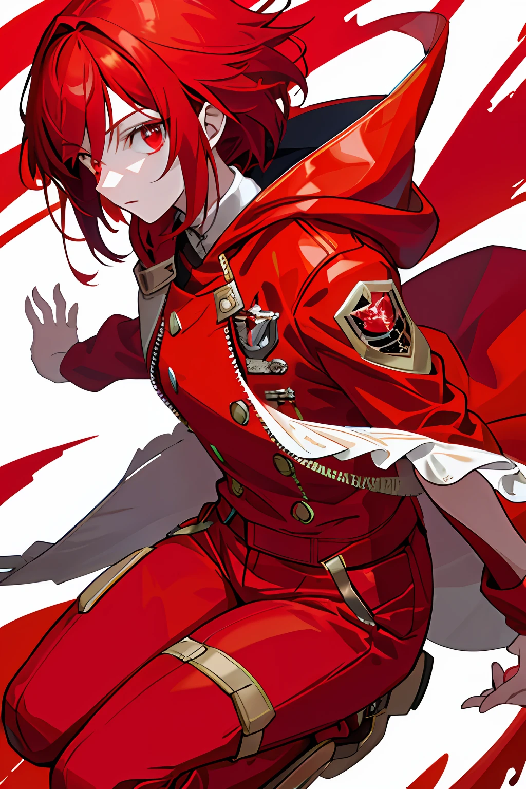 tmasterpiece，best qualtiy，hyper-detailing ，Red jumpsuit，red color eyes ，pelo rojo corto ，Red cotton jacket with hood ，Long legs，Red particles，Red，1girll ，Cold