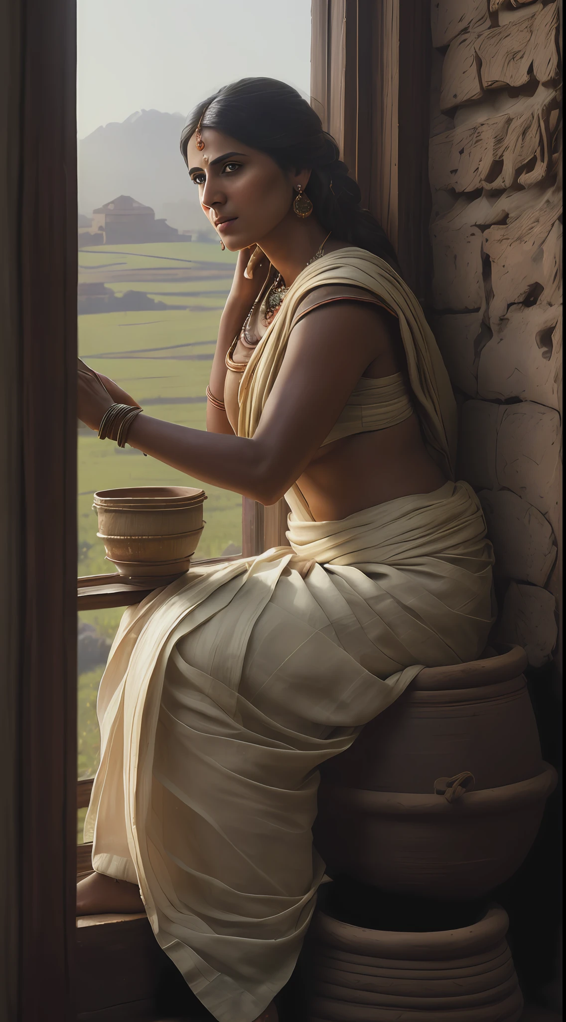 (masterpiece, best quality, Greg Rutkowski style:1.2, photo-realistic:1.3), Indian widow, Sati period, (white cotton sari:1.1), sadness in her eyes, seated by window, rustic clay hut, clay pot, wooden spinning wheel, fading daylight, distant view of rural landscape, melancholy, cool colors, looking outside.