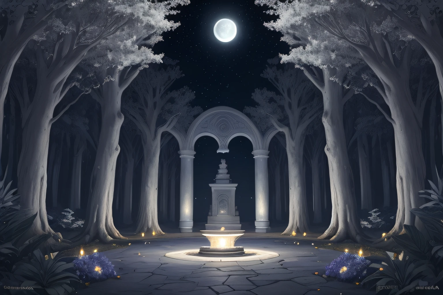 Silver Trees: The trees of the Crescent Moon Grove have silvery bark that seems to glow in the moonlight. Durante as noites de lua crescente, they gain an ethereal glow, Creating a spectacle of twinkling lights.
Flores Lunares: Luminous white flowers bloom among the roots of trees, refletindo a luz da lua com uma intensidade suave. These flowers are known as "Flores Lunares" and are considered symbols of purification and renewal.
Trilhas Lunares: Trilhas sinuosas e estreitas cortam o bosque, drawing patterns that seem to echo the phases of the moon. in the nighttime, These trails gain a soft luminescence, As if the moon itself guided them.
Fonte da Lua: No centro do Bosque da Lua Crescente, There is a mysterious fountain of silver water, conhecida como a "Fonte da Lua". It is said that the water from this spring has magical and healing powers, becoming a place of pilgrimage for those seeking blessings and protection.
Fauna Lunar: Mystical and nocturnal creatures inhabit the woods, Many of them with a special connection to the Moon. Wise owls, Luminescent fireflies and even moon fairies are spotted among the trees.
Altar Lunar: Em uma clareira especial, there is an altar dedicated to the goddess Selûne, conhecida como a Deusa da Lua. This place is used for celebrations and rituals during the phases of the moon, Honoring and Seeking the Blessing of Heavenly Divinity.