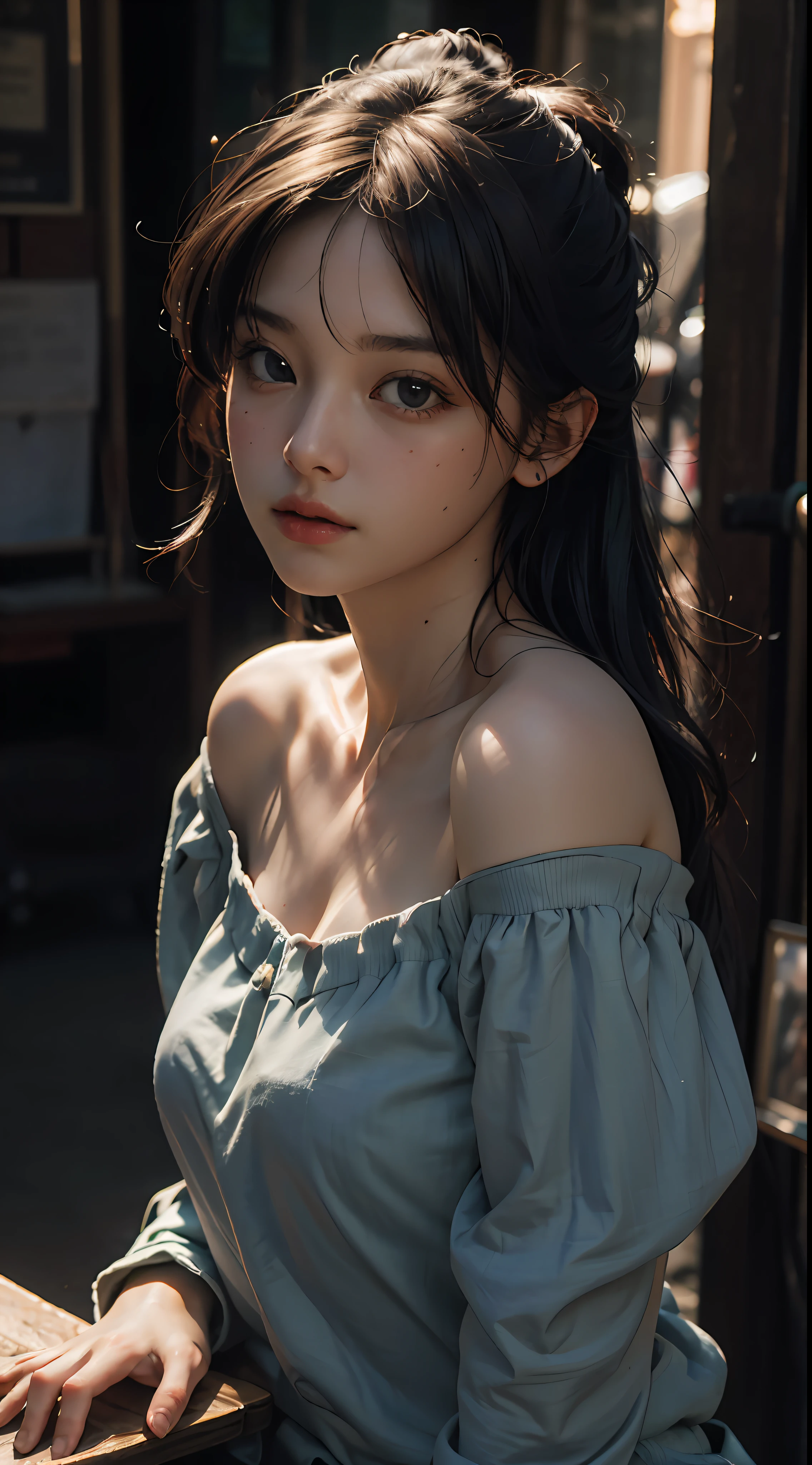 Best quality, masterpiece, ultra high res, (photorealistic:1.4), raw photo, 1girl, off shoulder, cinematic lighting
