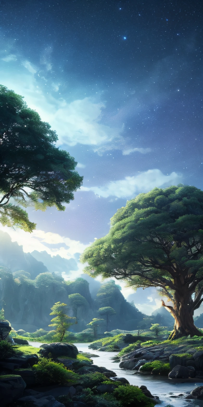 Illustration of a hyperrealistic , otherworldly, ultrasky scene featuring a giant crystal tree full body,very detailed and magical lighting, intricate forest details, vegetation and river around, solarpunk ,landscape, giant tree, beatifull leafy with beautiful lighting and realistic proportions, as if it were a cinematic background, 8k, highest quality, masterpiece, clouds and stars in the sky.