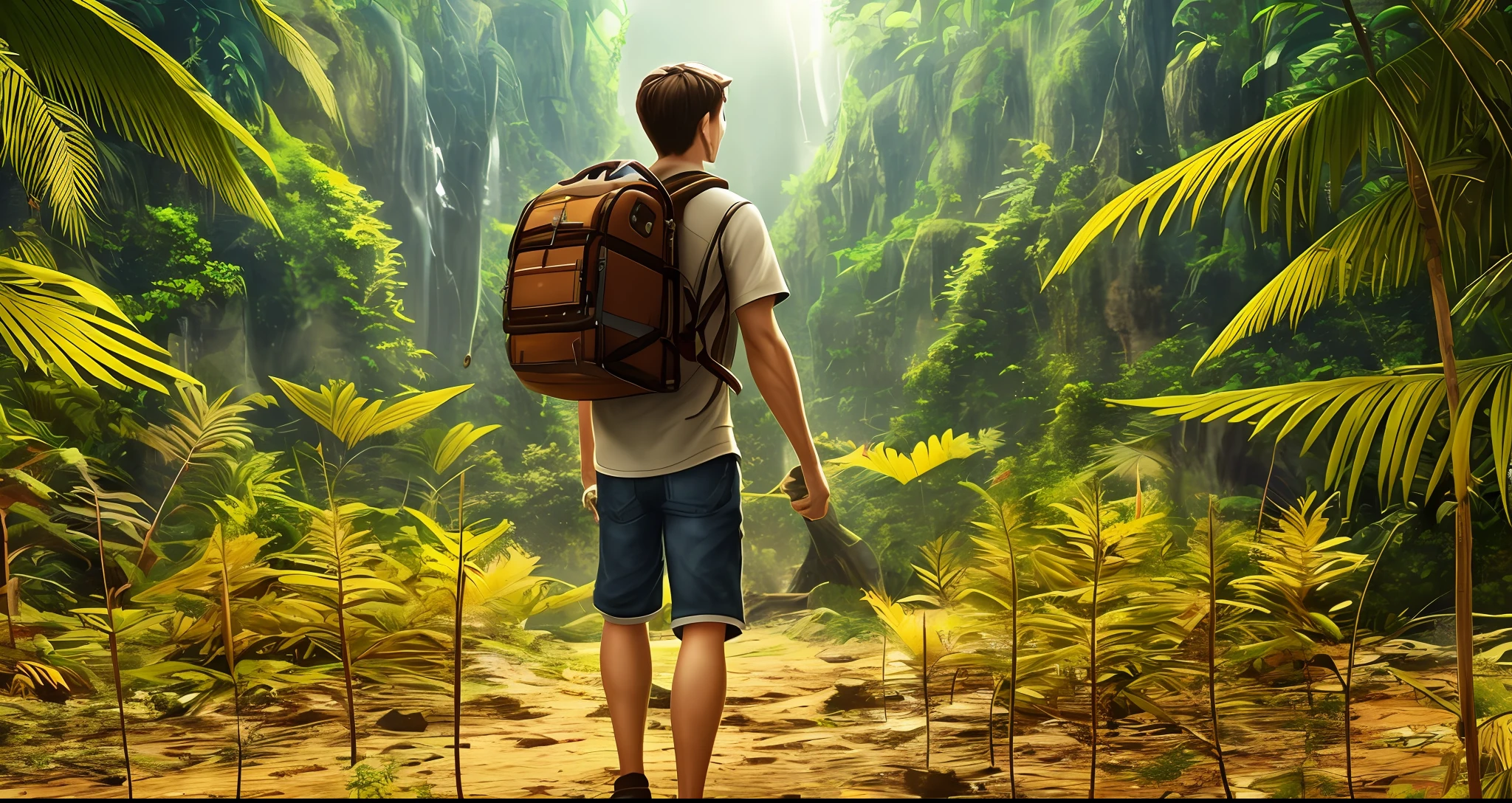 One beautiful boy searching in golden jungle The lost city of gold realstic , celerity 4k, nostalgic, masterpiece, old time building's & artifacts made of gold,beautiful scenery --auto --s2