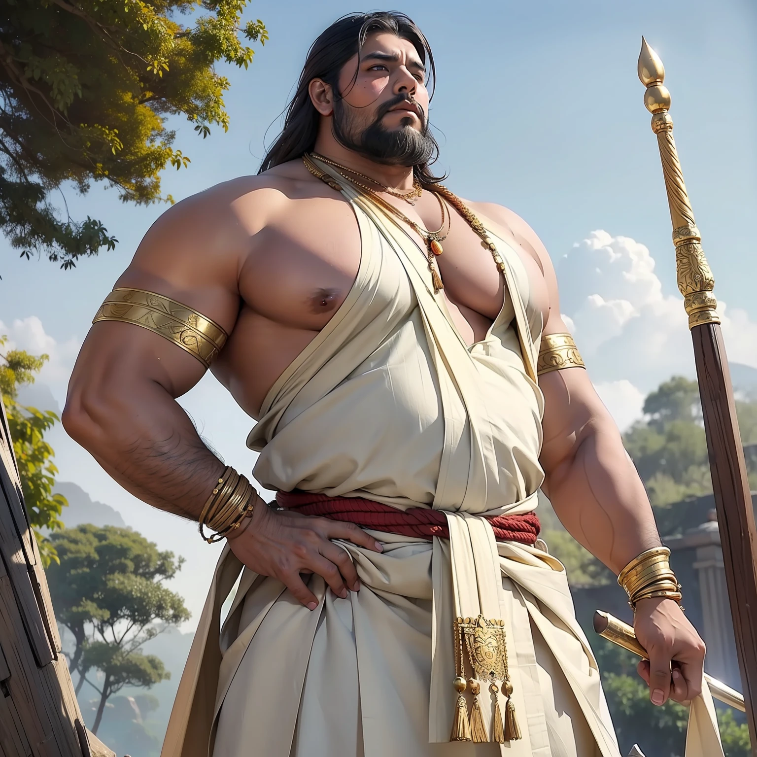 a big man, ((traditional)) warrior. Natural skin colour traditional hair style. Wearing the traditional ((dhoti)) and gold jewellery and Over his massive shoulders hangs a heavy cloth or cloak, bearing the colors of the Pandavas. he hold a massive (gold gada or hammer) ((gada)). God theme photography. War scape