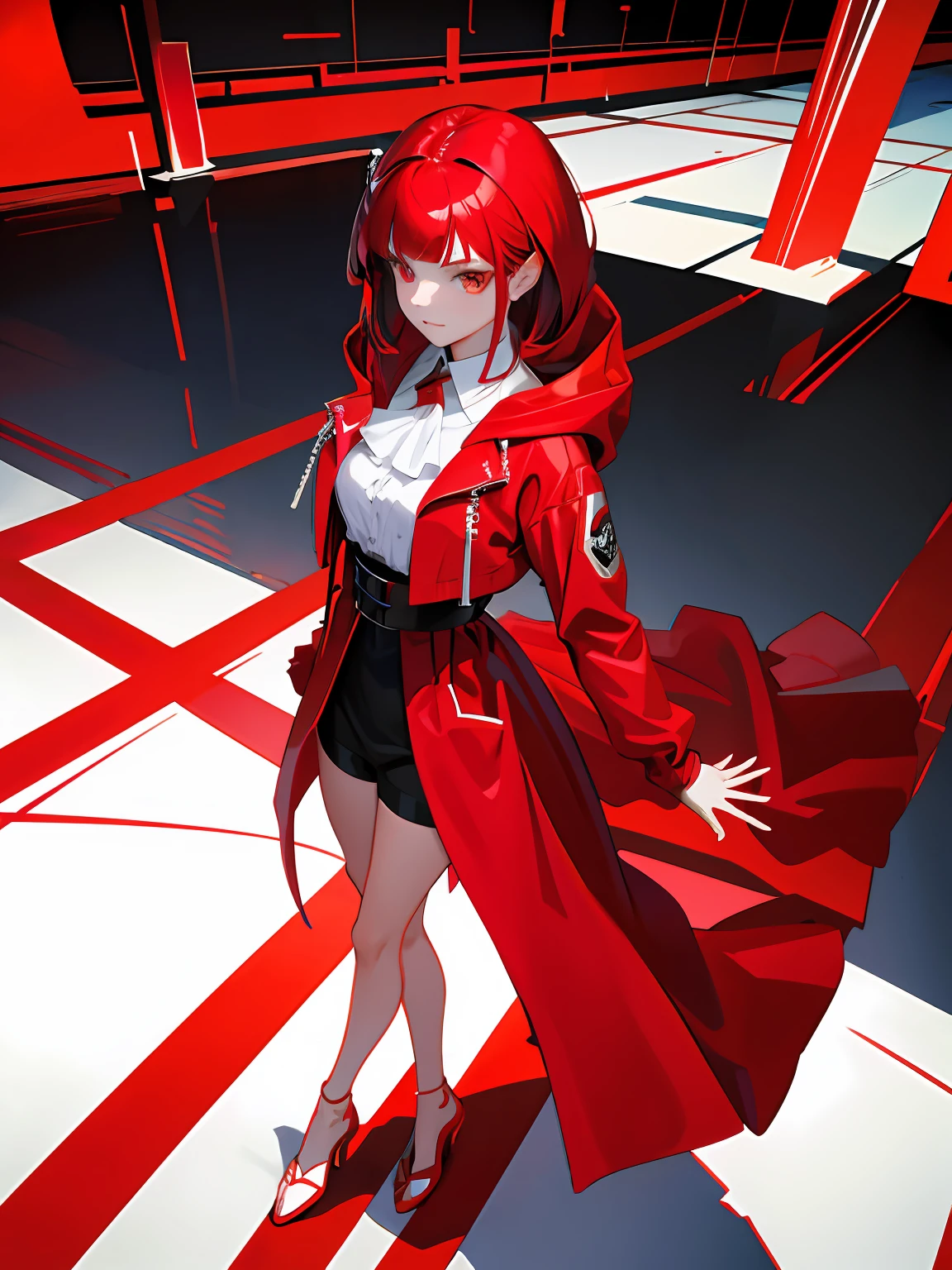 tmasterpiece,best qualtiy,hyper-detailing ,Red jumpsuit,red color eyes ,pelo rojo corto ,Red cotton jacket with hood ,Long legs,Red particles,Red,1girll ,Cold,standing on your feet,full bodyesbian,Facing the audience