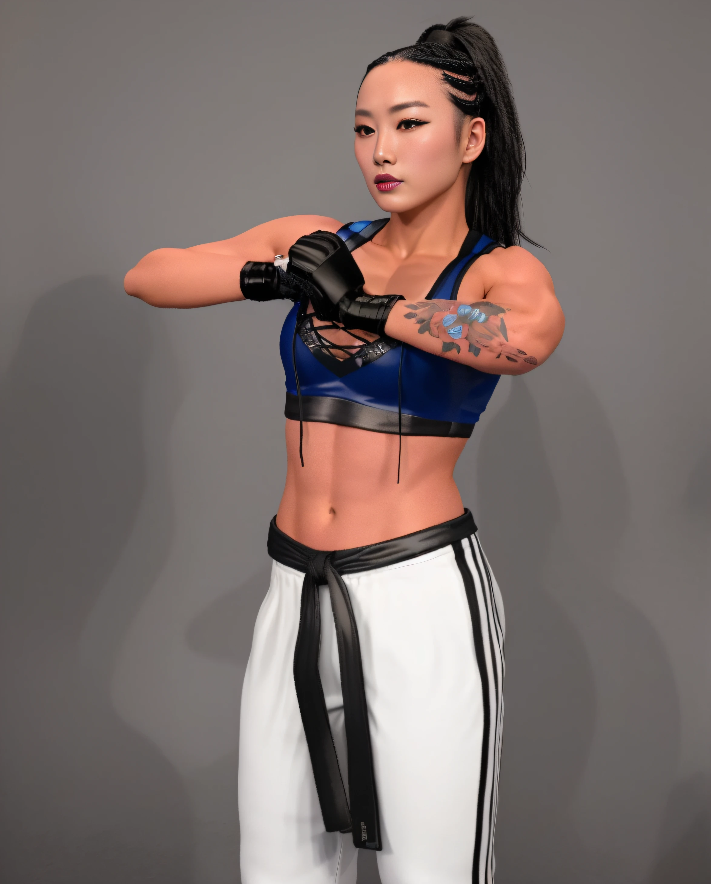 ((masterpiece, best quality)), Stocky Korean female wrestler with short partially braided hair, in blue and black sports bra, Taekwondo style white pants with a black belt, black MMA gloves, flower tattoo on left forearm, wearing lipstick and eye-shadow, photo realistic, intricate details