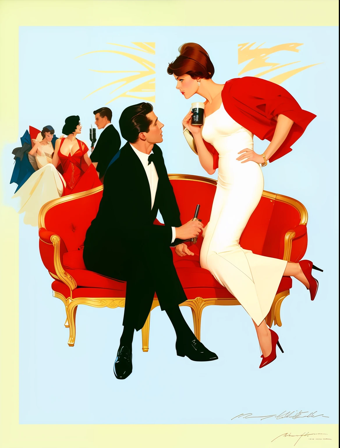 Image of a man and a woman sitting on a couch, Directed by: Coby Whitmore, Estilo Leyendecker, parte estilo leyendecker, Directed by: Hugh Hughes, inspirado em Coby Whitmore, Directed by: Roy Dalgarno, Directed by: Harry Shoulberg, Directed by: Pruett Carter, Directed by: James Montgomery Flagg, JC Leyendecker!! Phil Hale!