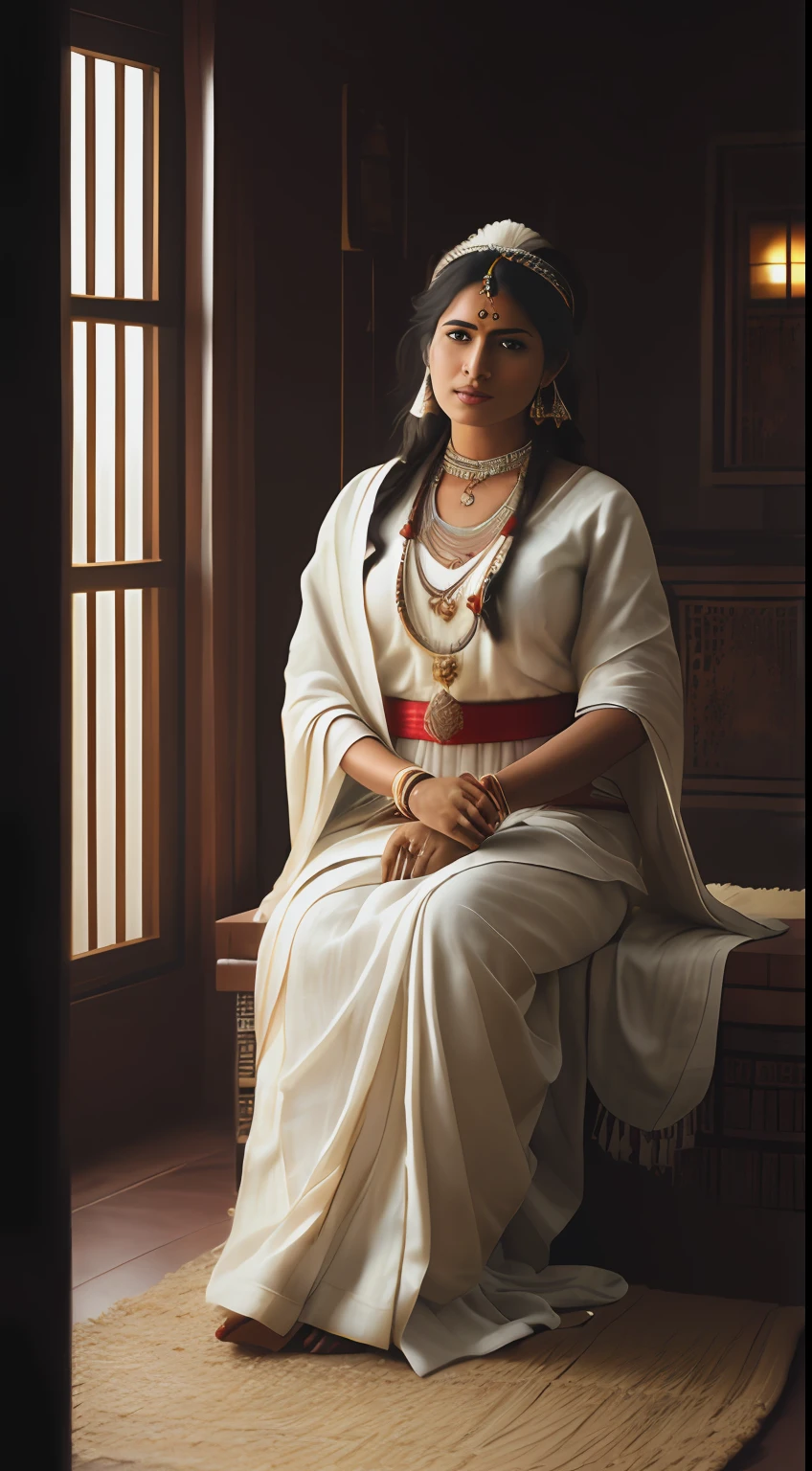 (masterpiece, photo-realistic, high resolution, Greg Rutkowski style:1.2), Indian widow from Sati era, (wearing traditional white attire:1.2), solemn expression, hands clasped, sparse living quarters, woven bamboo mat, earthen pot, distant sound of temple bells, warm lamplight, introspective, looking at viewer, warm colors.