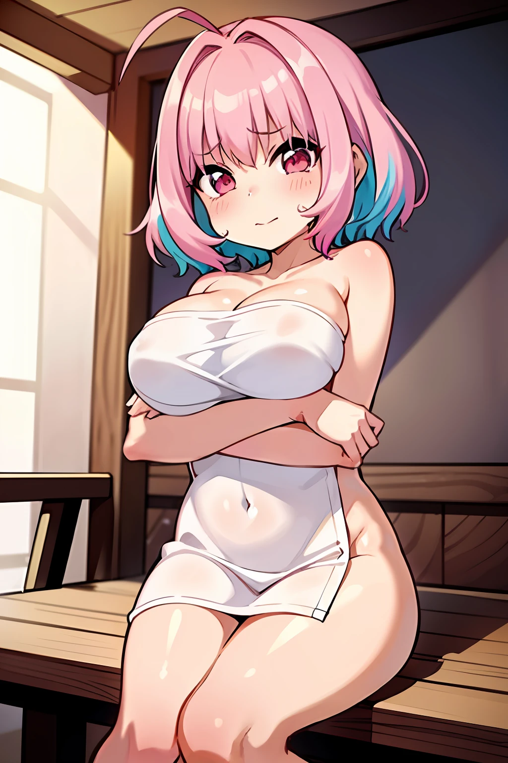 YumemiRiamu, 1girl, yumemi_riamu, inside_sauna
wearing towel, naked towel, white towel, sitting, massive breasts, beautiful lighting, crossed arms, crossing arms, from below