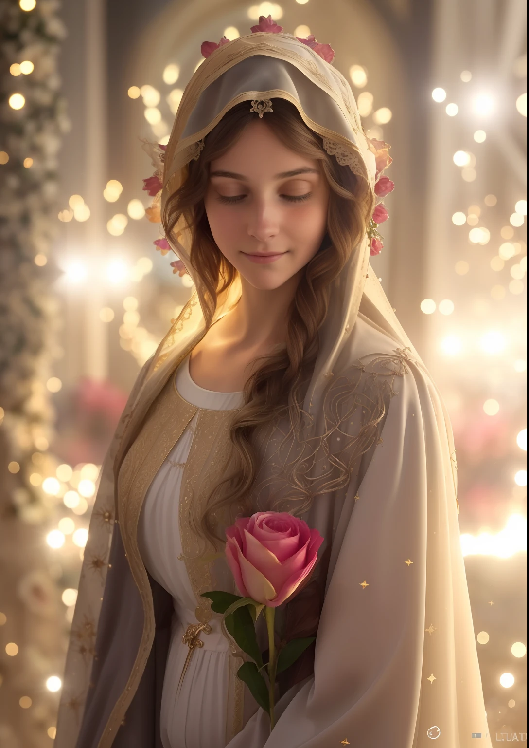 (((Blessed Virgin Mary))) (((of 17 years old)))  (((looking very pious)))  . Obra maestra, (La mejor calidad: 1.2), (super fine: 1.2), illustration, (extremadamente delicado y hermoso: 1.2), movie angle, flotante, (Hermoso ojo de detalle: 1.1), (detalle luz: 1.1), Movie Lights, Cielo delicado, ojos azules, (Cola de caballo alta: 1.1), capa, ojuelos, (luna: 1. 2), (Luz de la luna: 1.1), cielo estrellado, (light particles: 1.1) dibujo, flor. (Obra maestra), (La mejor calidad), (fotorrealista:1.3), 8k, Textura detallada de la piel, Textura detallada de la tela, Hermosa cara detallada, Detalles intrincados, Ultra detallado (cuerpo de cuerpo entero:1.2)