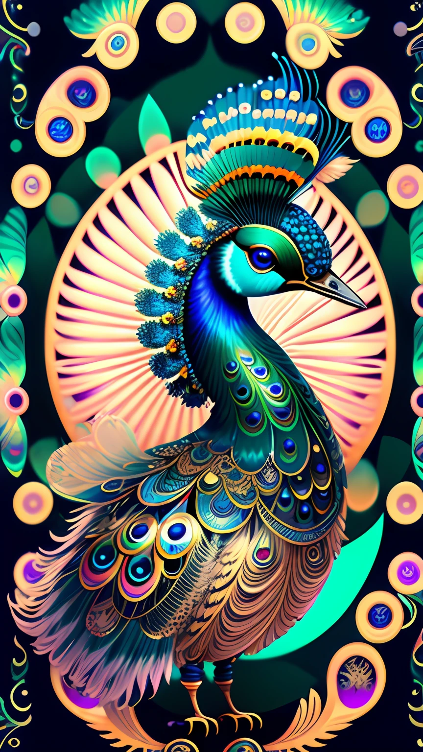 android mechnical peacock,robot wings,earnst haeckel, james jean. generative art, baroque, intricate patterns, fractalism, movie still, photorealistic, vibrant peacock feathers, intricate, elegant, highly detailed, digital painting, artstation, smooth, sharp focus, illustration, outrun, vaporware,full body shot