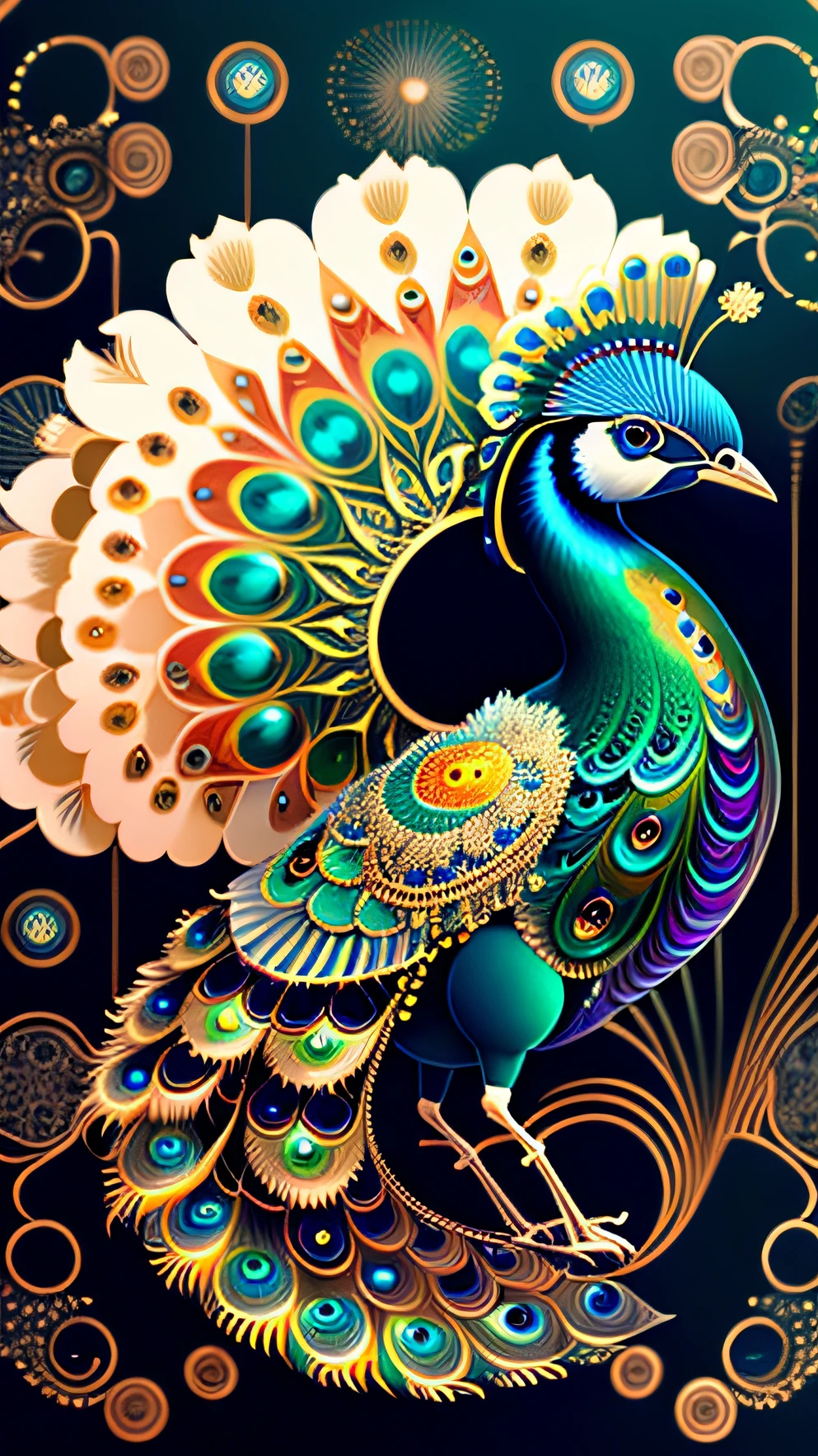 android mechnical peacock,robot wings,earnst haeckel, james jean. generative art, baroque, intricate patterns, fractalism, movie still, photorealistic, vibrant peacock feathers, intricate, elegant, highly detailed, digital painting, artstation, smooth, sharp focus, illustration, outrun, vaporware,full body shot