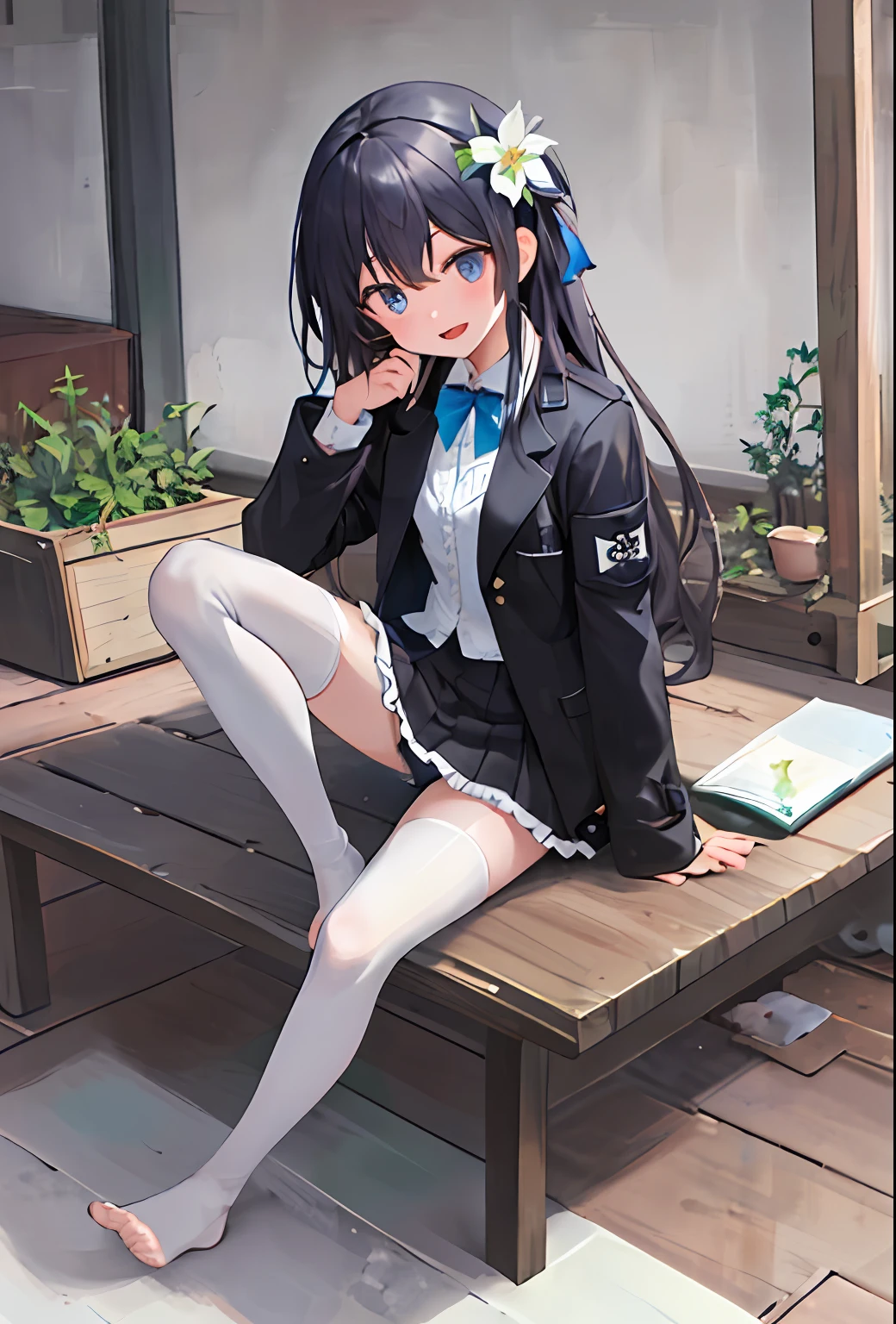 (Masterpiece), Best quality, 1girll, Solo, Feet, Long hair, Toes, Black hair, Blue eyes, No shoes, Skirt, view the viewer, Blush, Sitting, hair adornments, upper legs, A sole, Breasts,white thighhighs, Long sleeves, Foot focus, flower, bangs, Open mouth, shirt, Jacket, shairband, hair flower, Black jacket, bow, blue bowtie, White shirt, neck bowtie, foreshortening, Black skirt, Blue bow, Panties, Legs, Thighs, underwear, foot out of frame