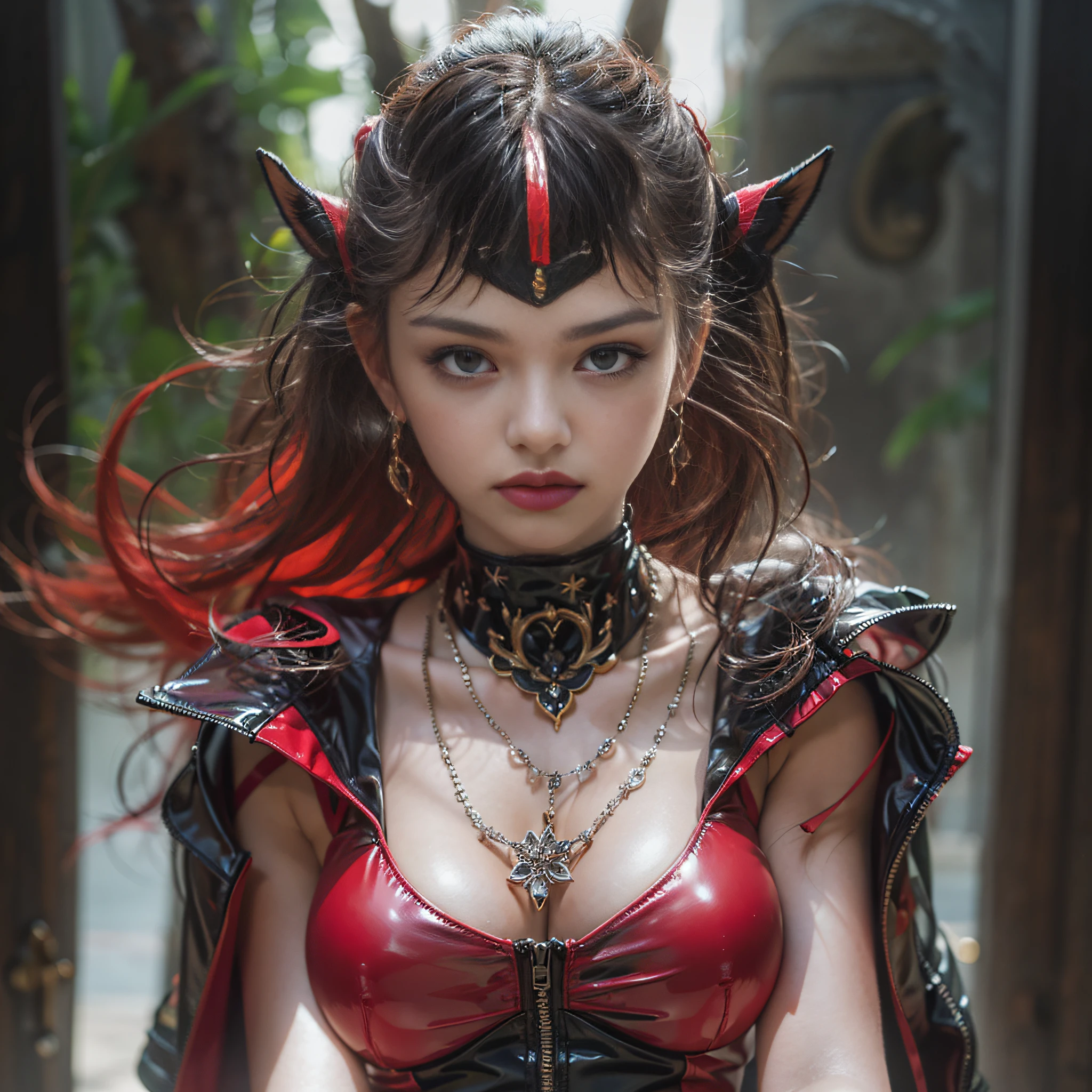 ((​masterpiece:1.4)、(top-quality:1.4)、(reallistic:1.7))、Mercenary troops from another dimension、Cute girl mercenary、 Daughter、1girl in、latex shiny、Latex bodysuit、By Luis Royo、age19、Ultra Ultra Bikini、Looking Back Beauty、Outstanding style、Slender Abs、beauty legs、Beautiful ass、A detailed eye、Raw photo、red-lips、Red high heels、a choker、a necklace、耳Nipple Ring、
