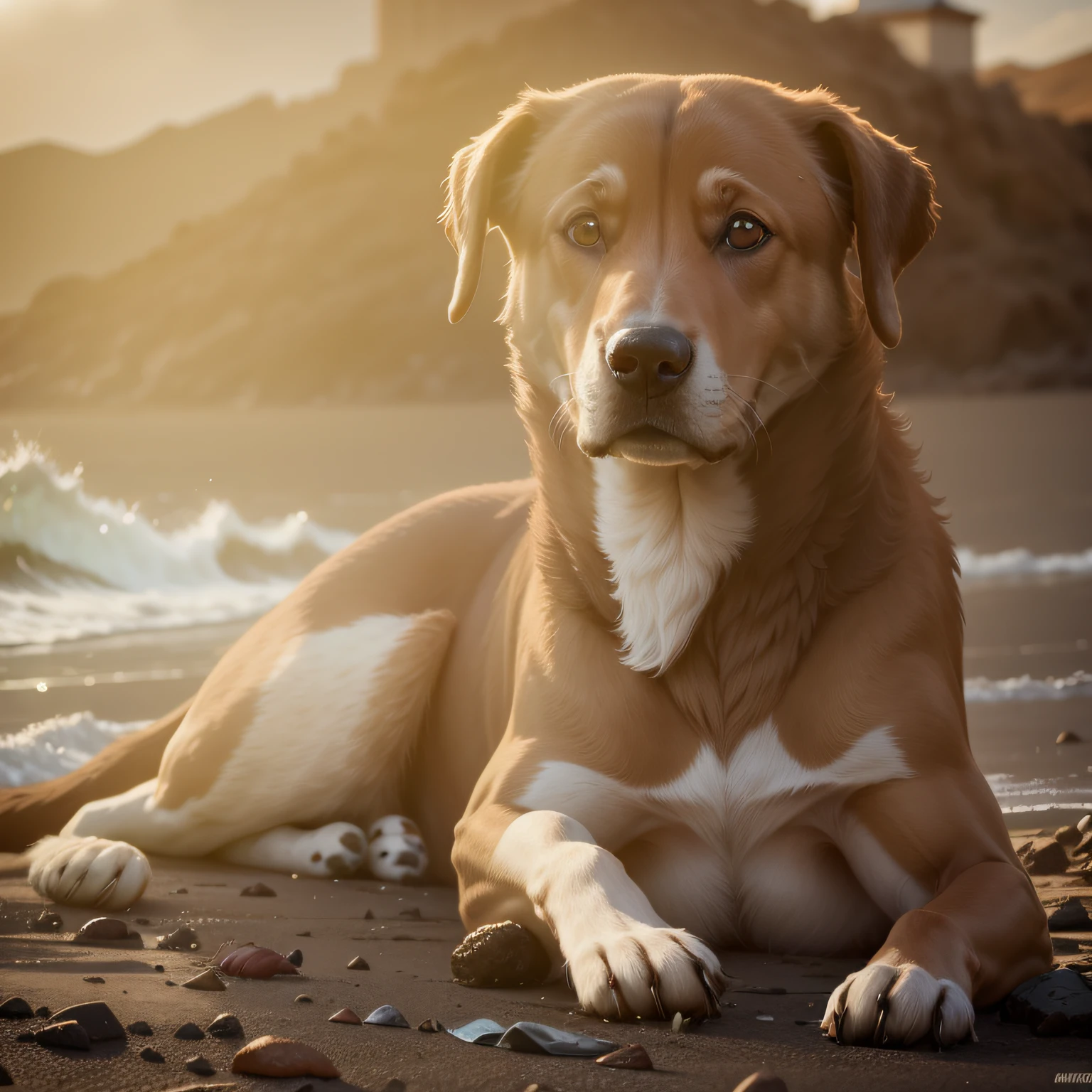 Perro sentado en la arena, Professional Photography, captured on a professional DSLR camera, tendencias en Artstation,Vista lejana 64K, ultra detallado, Detalles ultra precisos, Studio lighting, intrincado,Playa con olas de fondo borroso