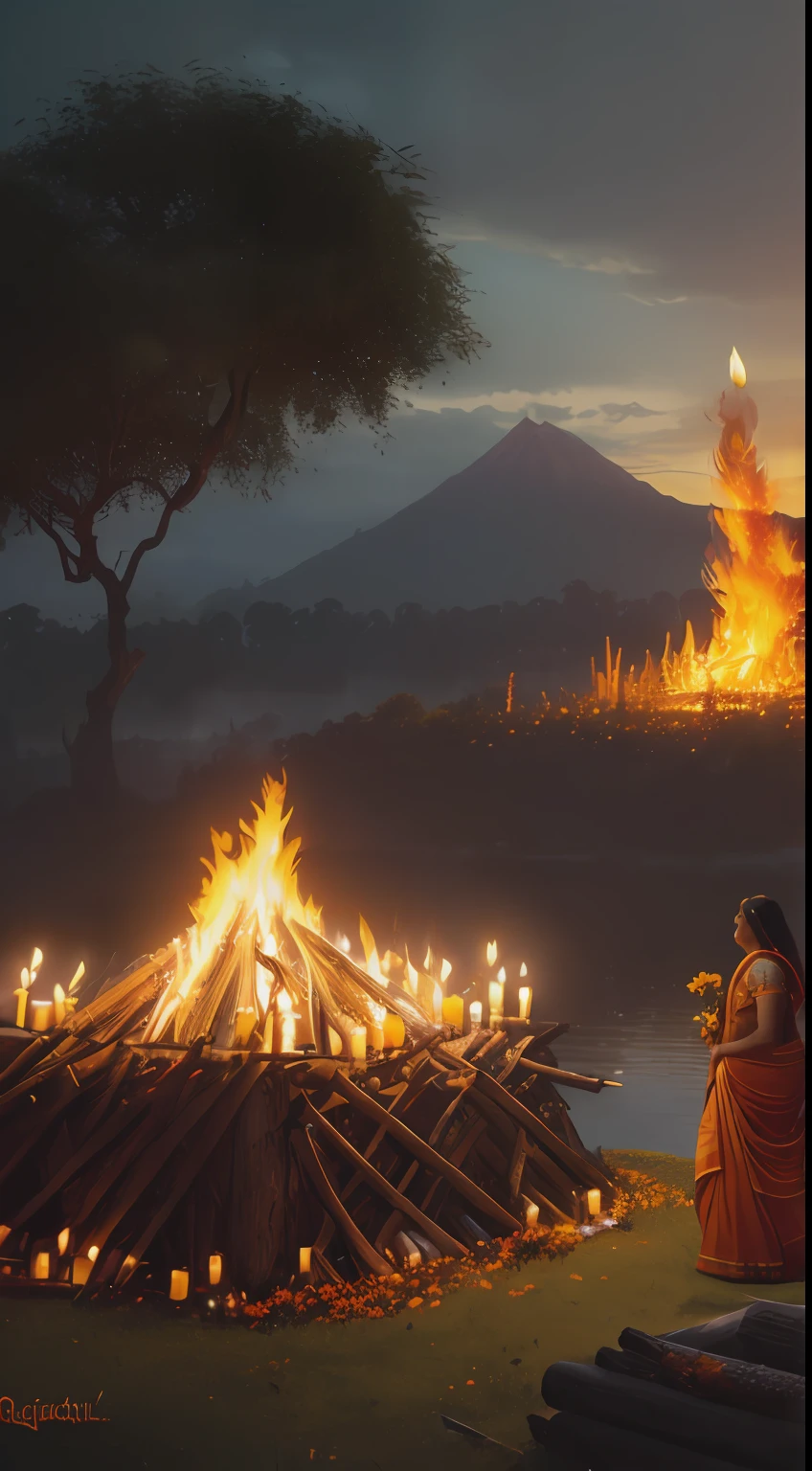 (masterpiece, realistic style, Greg Rutkowski style:1.3, best quality:1.2), Indian funeral pyre, wooden logs, (flickering flames:1.2), ascending smoke, evening sky, surrounding mourners, traditional Indian attire, solemn expressions, (marigold garlands:1.1), riverbank setting, majestic banyan tree, red and orange tones, somber atmosphere, looking at viewer.