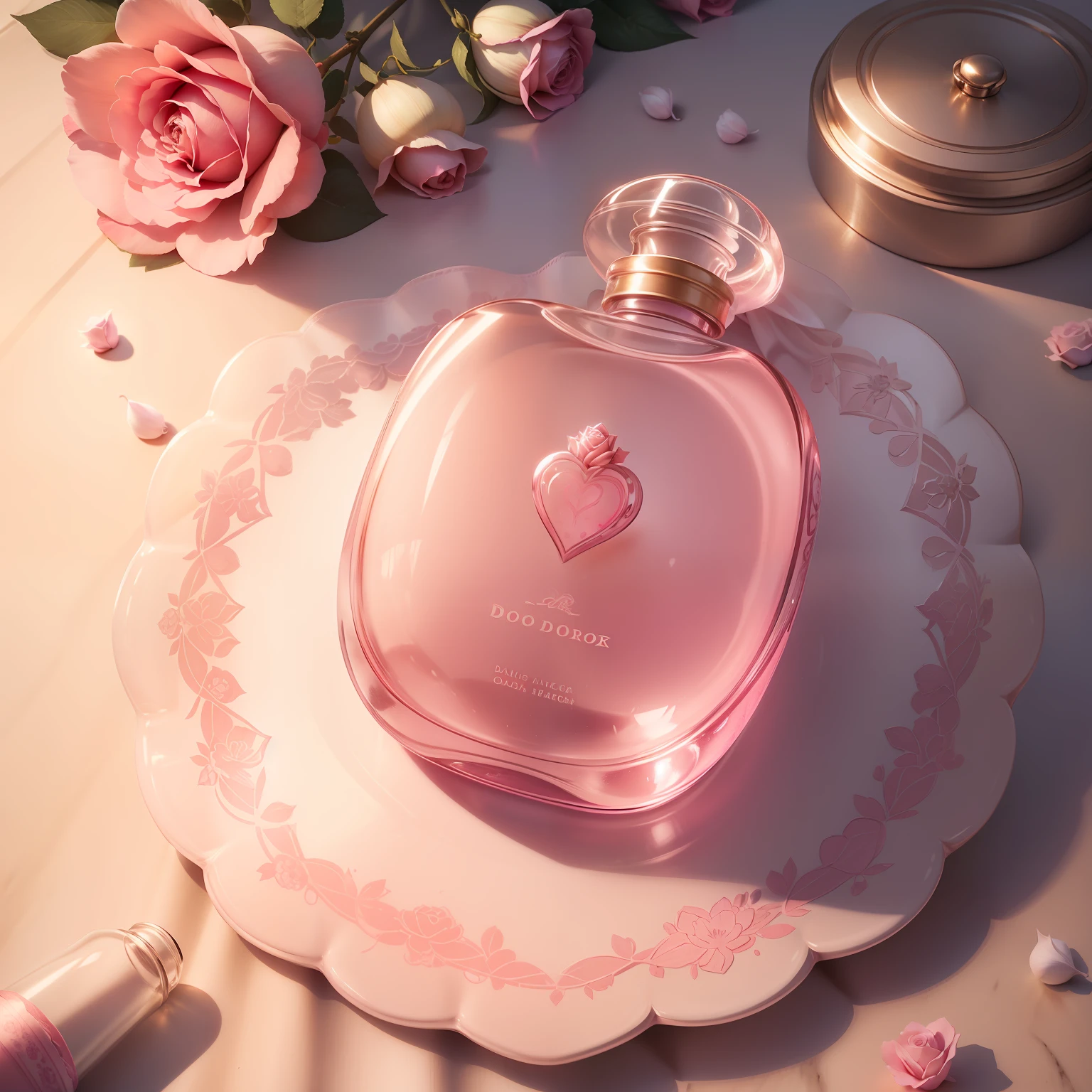 A baby pink glass perfume bottle with a rose-shaped lid. The jar is medium and delicate., with smooth, curved heart-shaped lines The lid is pink shaped, with delicate petals and a rosebud in the center. The bottle is filled with a soft and feminine perfume, that exudes a fragrance of roses, Jasmine and lily. Foto realista realista