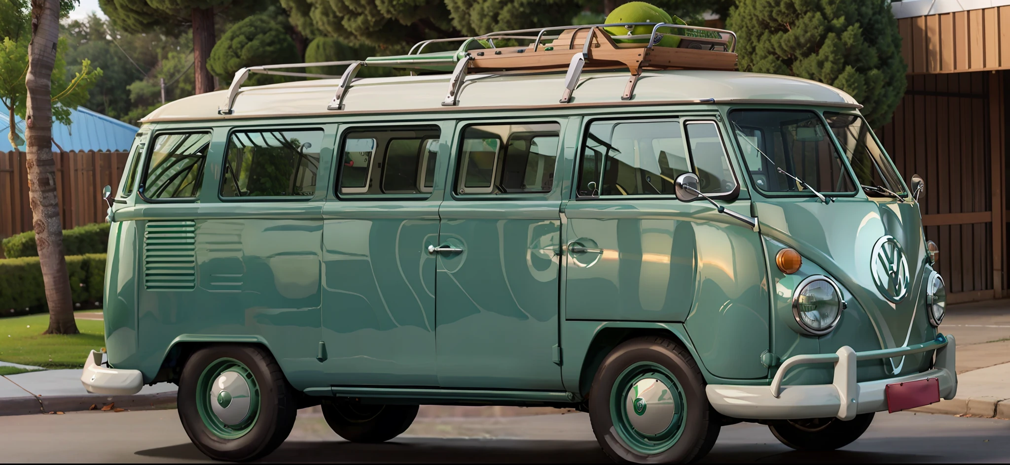 Green and white VW bus parked on brick road, Carrinha, microbus, vw bus on a street, vw microbus driving, Bullies, Foto de perfil frontal, Perfil frontal, vista frontal lateral, 1959, Tipo - 2, 1 9 5 8, 1958, 1961", 1957, hippie