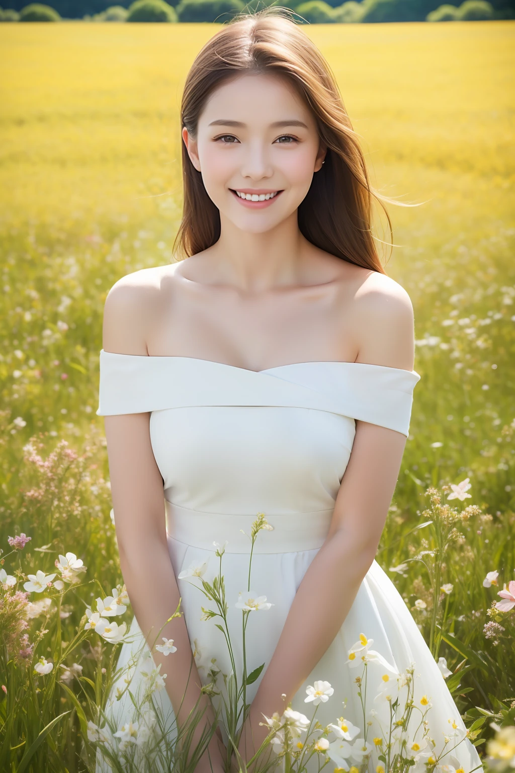 Best quality, masterpiece, ultra high res, (photorealistic:1.4), raw photo, 1girl, white dress, off shoulder, blossom 向日葵 flower field, glowing skin, light smile