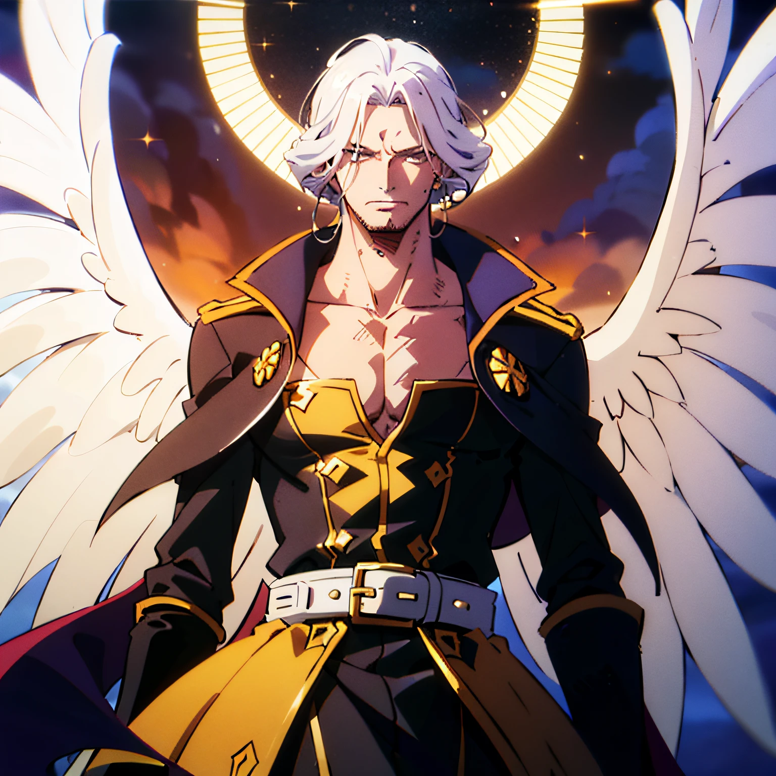 (a man with long white hair:1.2, celestial aspect:1.2, white-golden wings:1.1) on a simple background, upper body